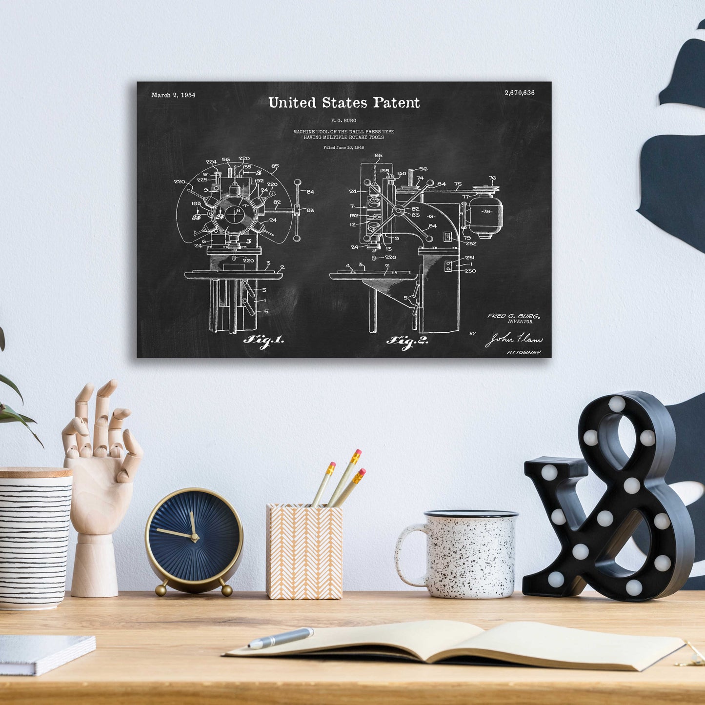 Epic Art 'Drill Press Blueprint Patent Chalkboard,' Acrylic Glass Wall Art,16x12