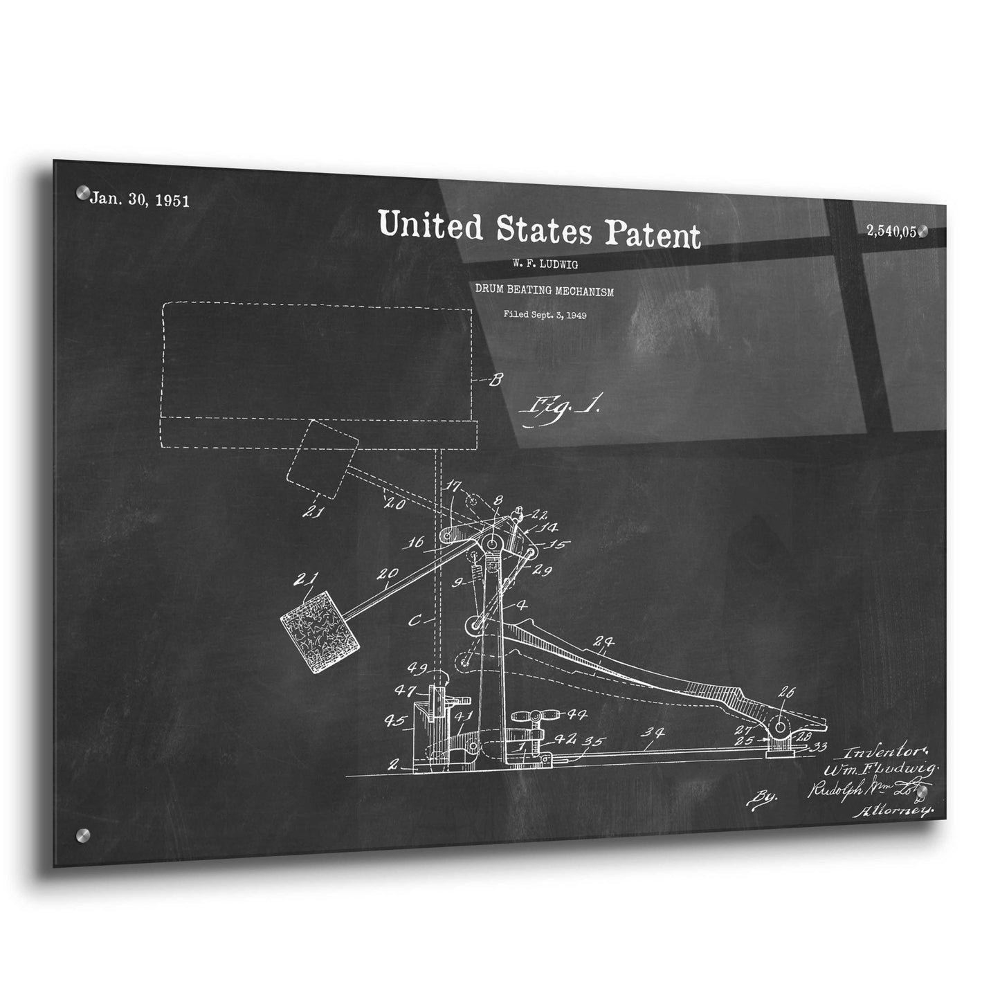 Epic Art 'Drum Beating Mechanism Blueprint Patent Chalkboard,' Acrylic Glass Wall Art,36x24