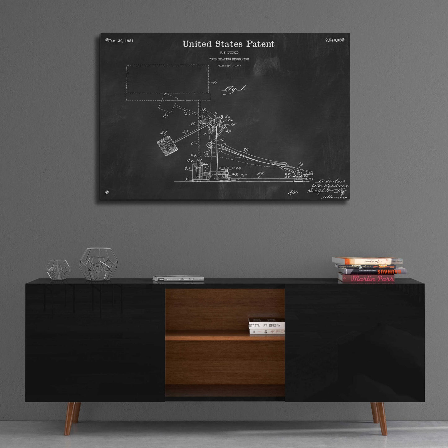 Epic Art 'Drum Beating Mechanism Blueprint Patent Chalkboard,' Acrylic Glass Wall Art,36x24