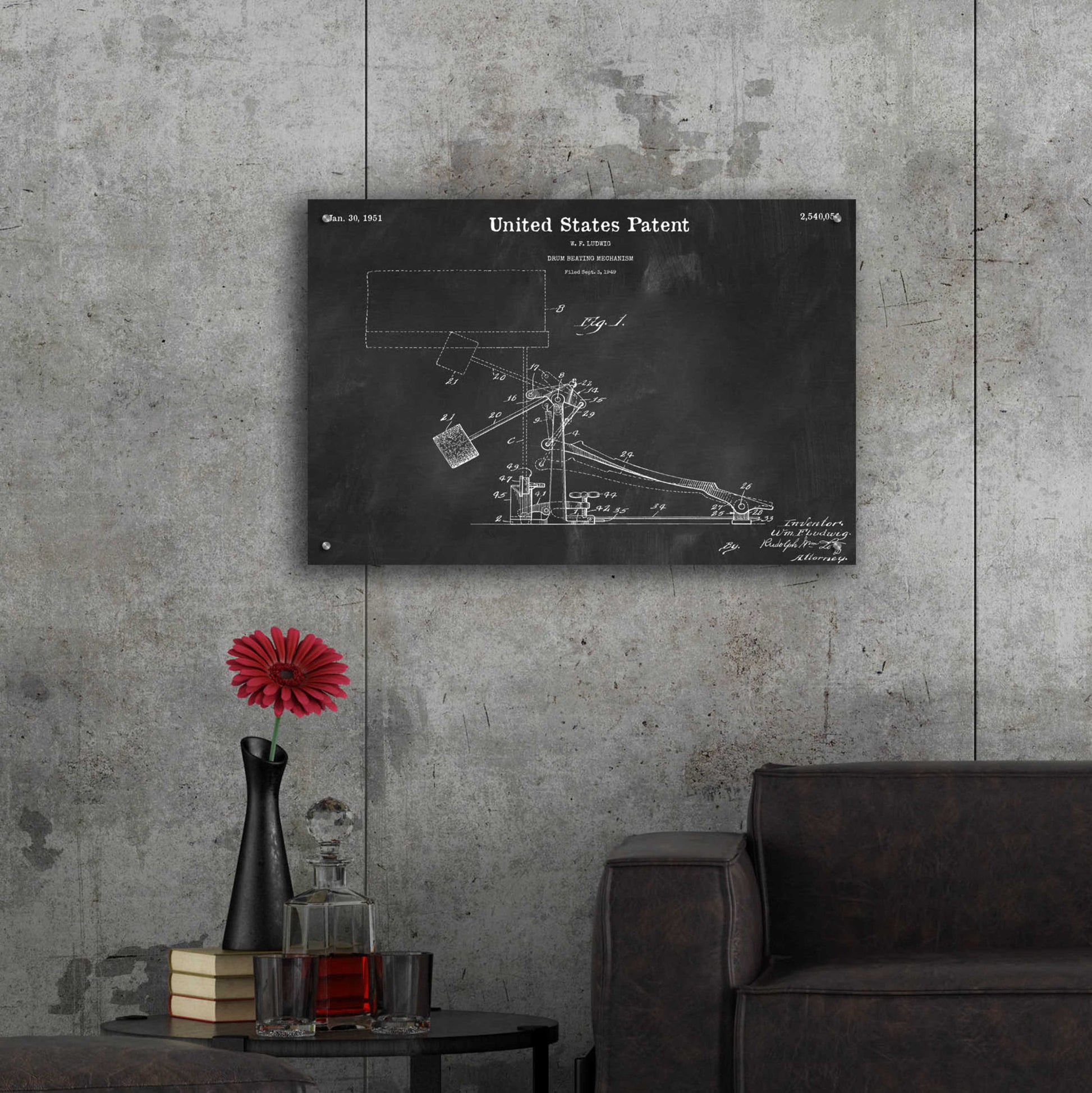 Epic Art 'Drum Beating Mechanism Blueprint Patent Chalkboard,' Acrylic Glass Wall Art,36x24