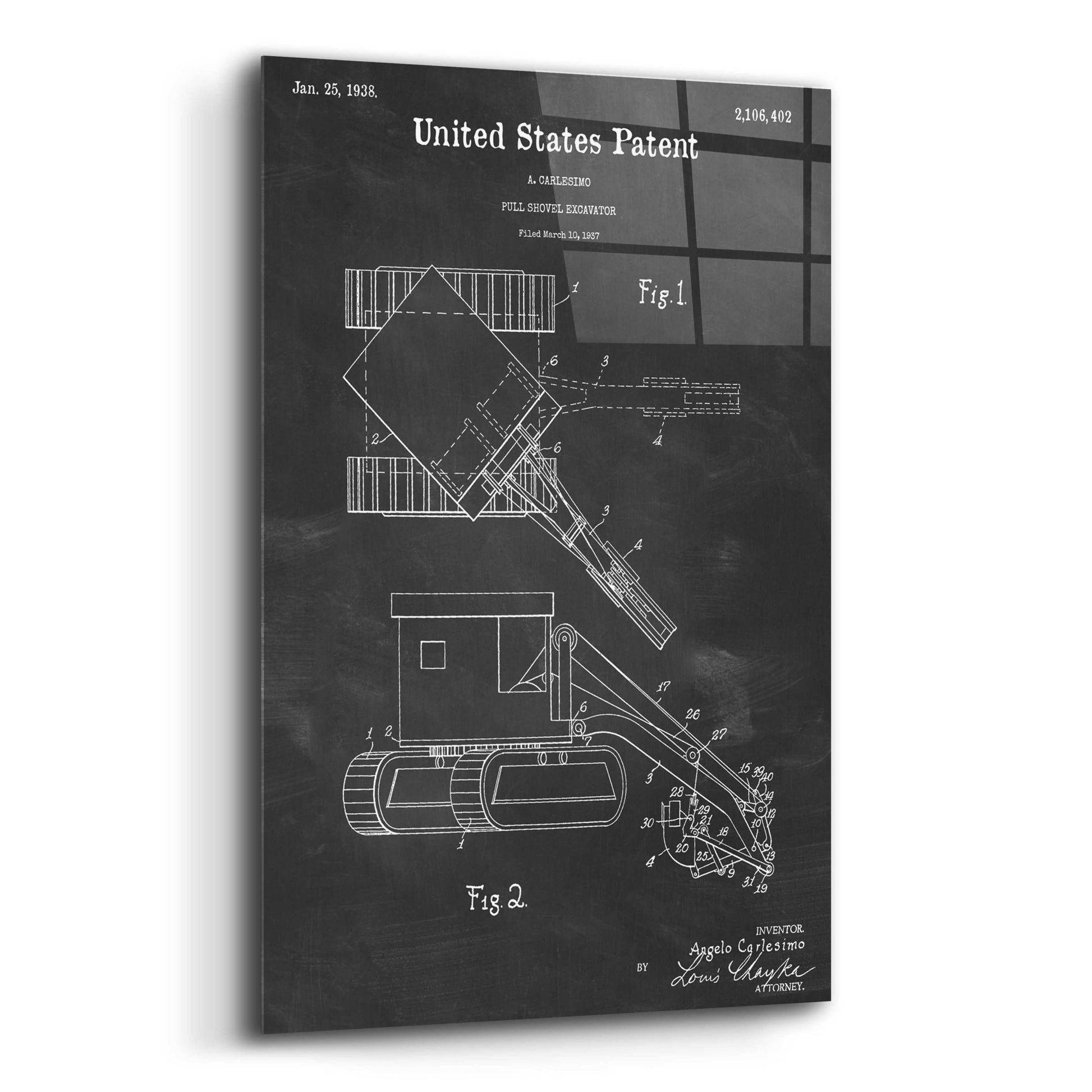 Epic Art 'Pull Shovel Excavator Blueprint Patent Chalkboard,' Acrylic Glass Wall Art,12x16