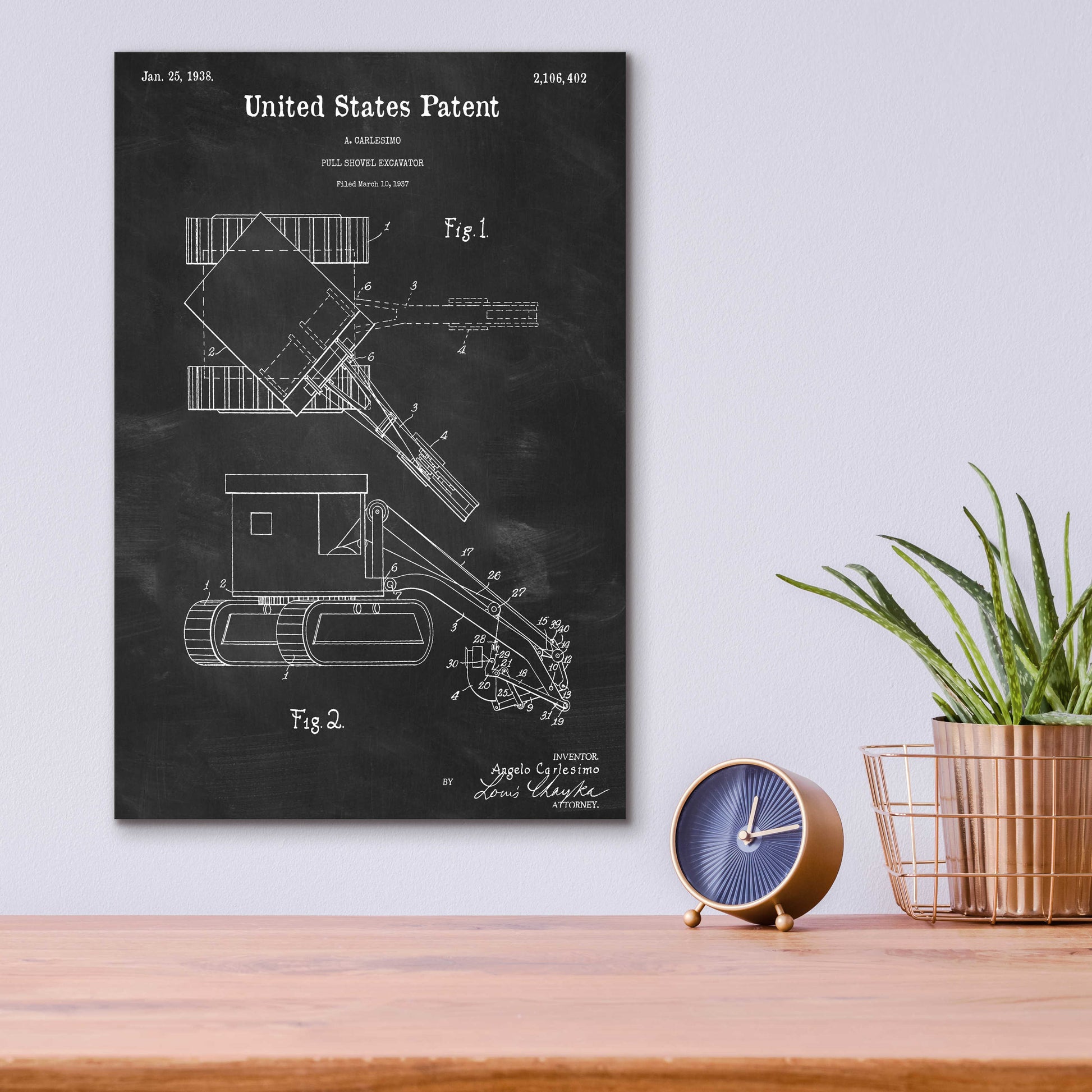 Epic Art 'Pull Shovel Excavator Blueprint Patent Chalkboard,' Acrylic Glass Wall Art,12x16