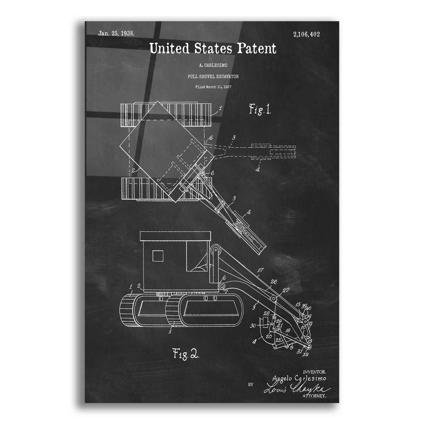 Epic Art 'Pull Shovel Excavator Blueprint Patent Chalkboard,' Acrylic Glass Wall Art,12x16