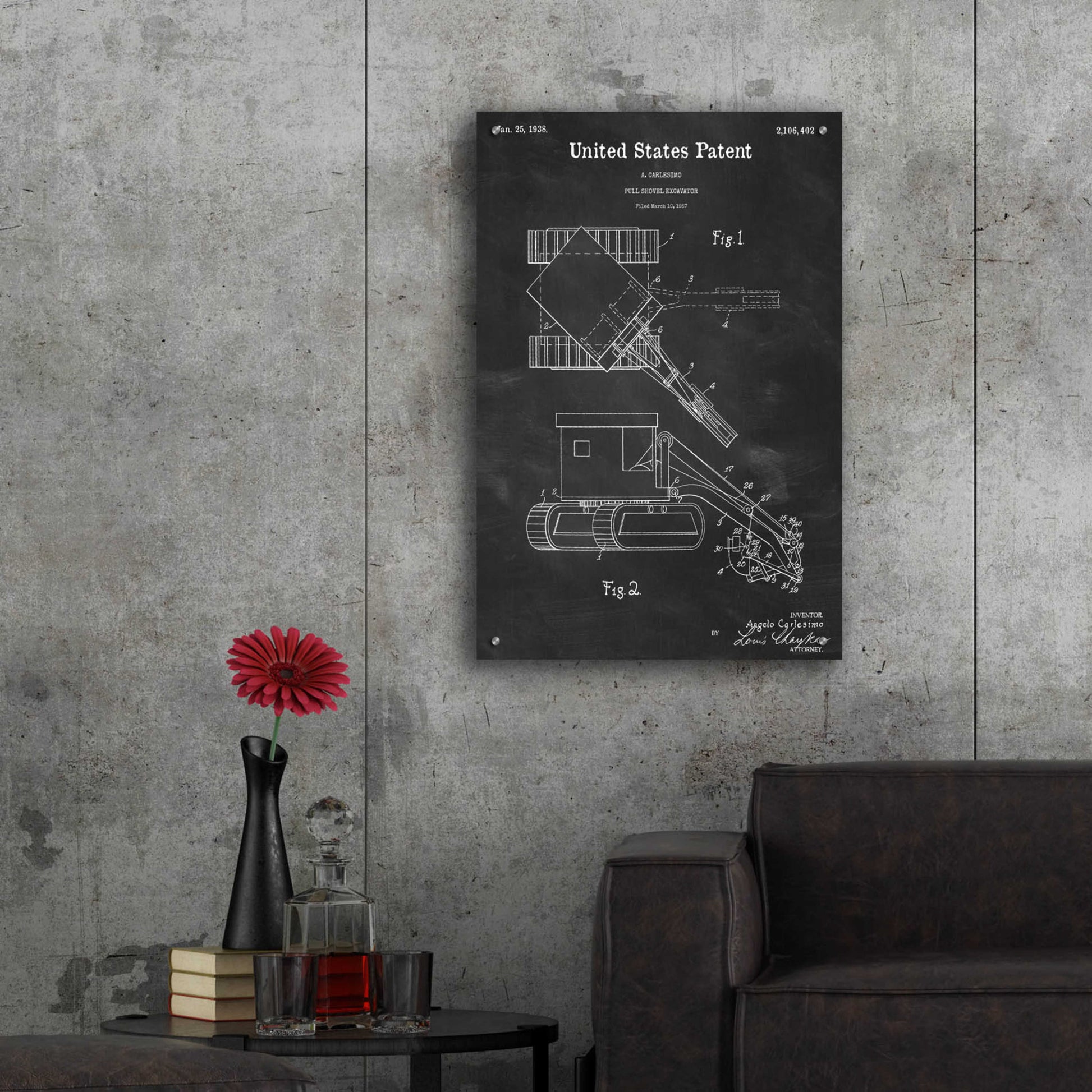 Epic Art 'Pull Shovel Excavator Blueprint Patent Chalkboard,' Acrylic Glass Wall Art,24x36