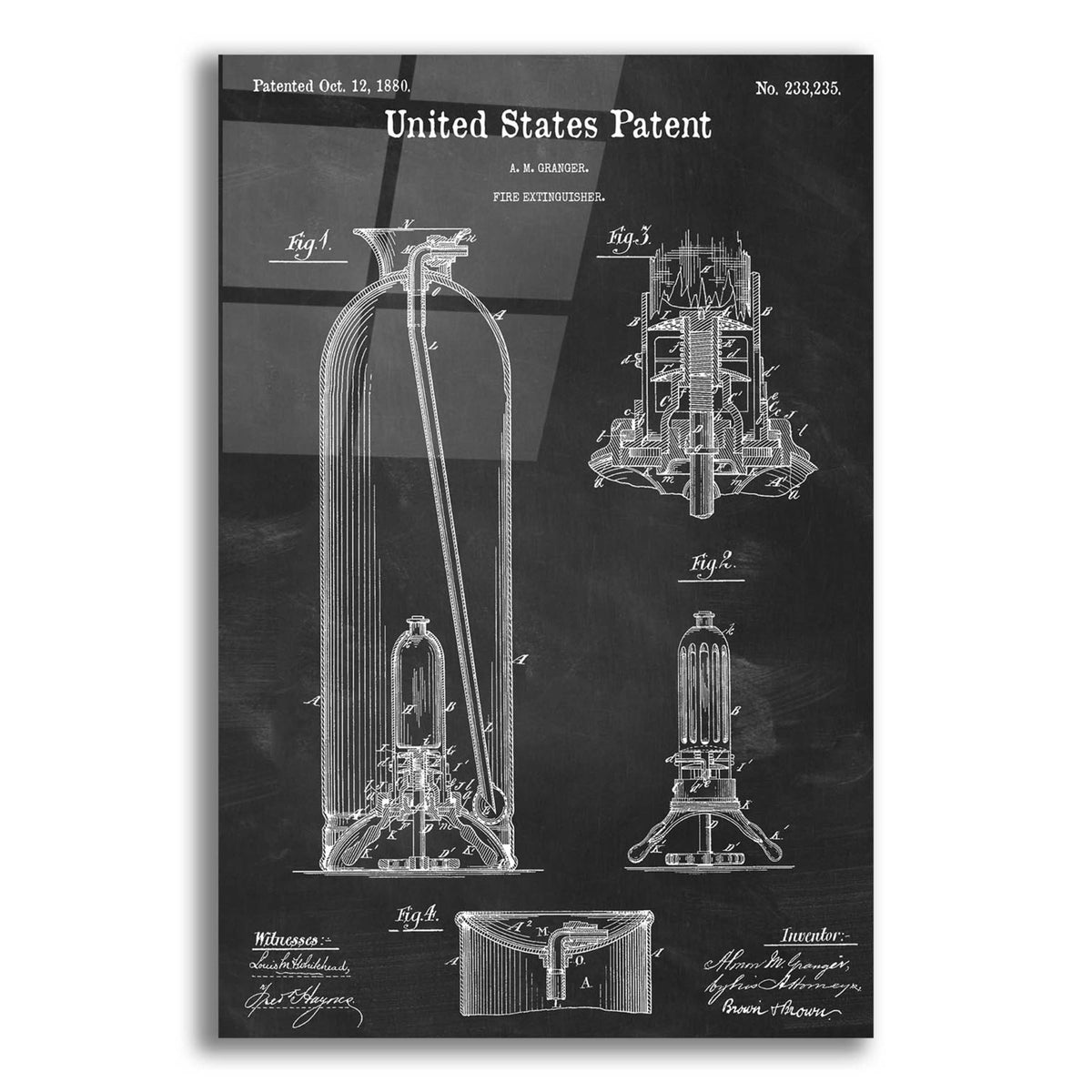 Epic Art 'Fire Extinguisher Blueprint Patent Chalkboard,' Acrylic Glass Wall Art,12x16x1.1x0,18x26x1.1x0,26x34x1.74x0,40x54x1.74x0