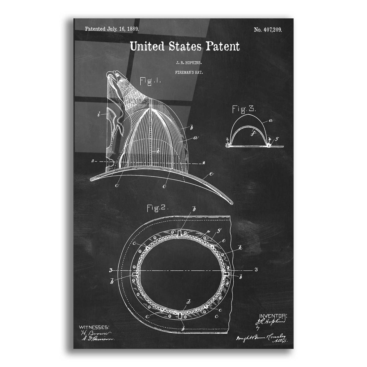 Epic Art 'Fireman's Hat Blueprint Patent Chalkboard,' Acrylic Glass Wall Art,12x16x1.1x0,18x26x1.1x0,26x34x1.74x0,40x54x1.74x0
