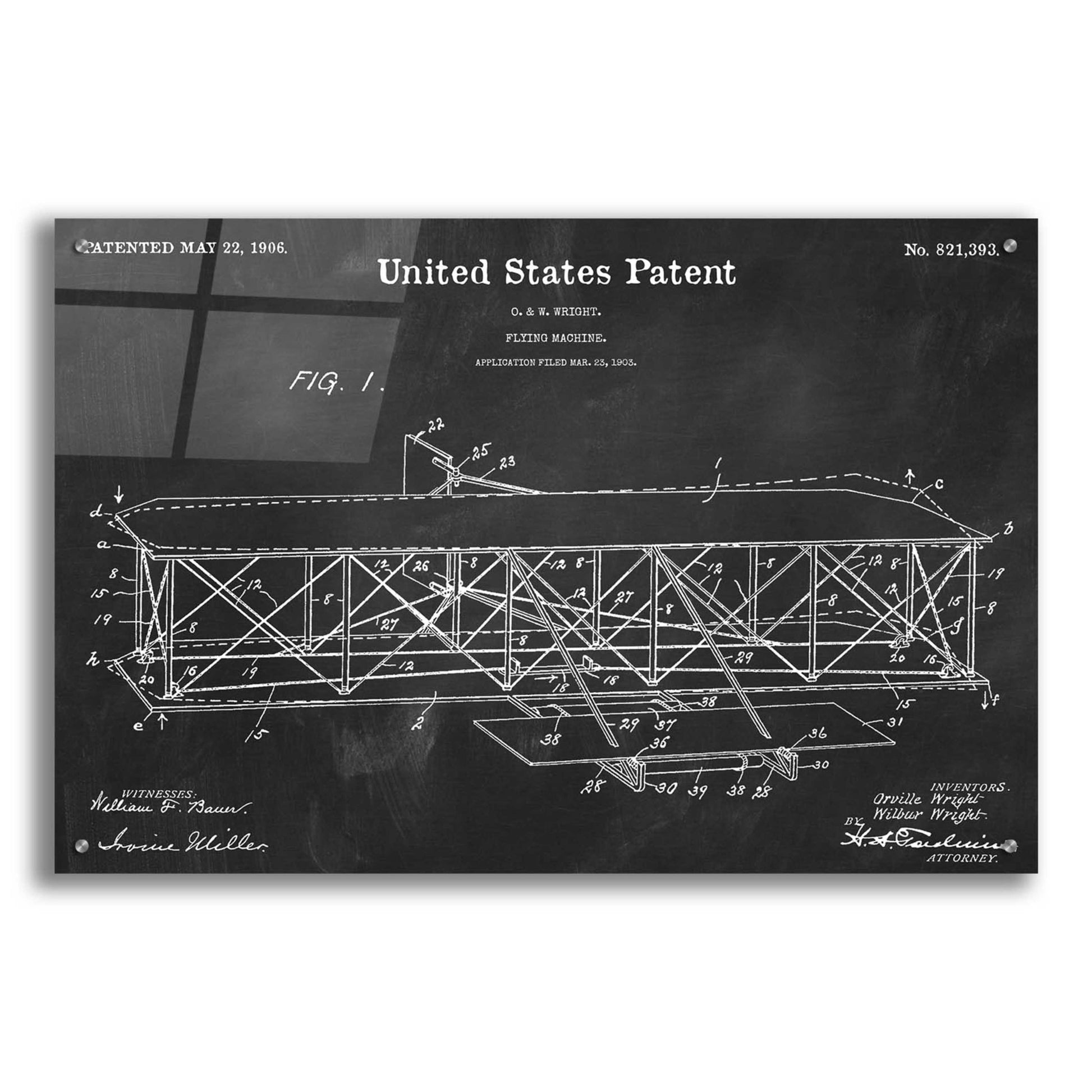 Epic Art 'Wright Bros. Flying Machine Blueprint Patent Chalkboard,' by Acrylic Glass Wall Art,36x24