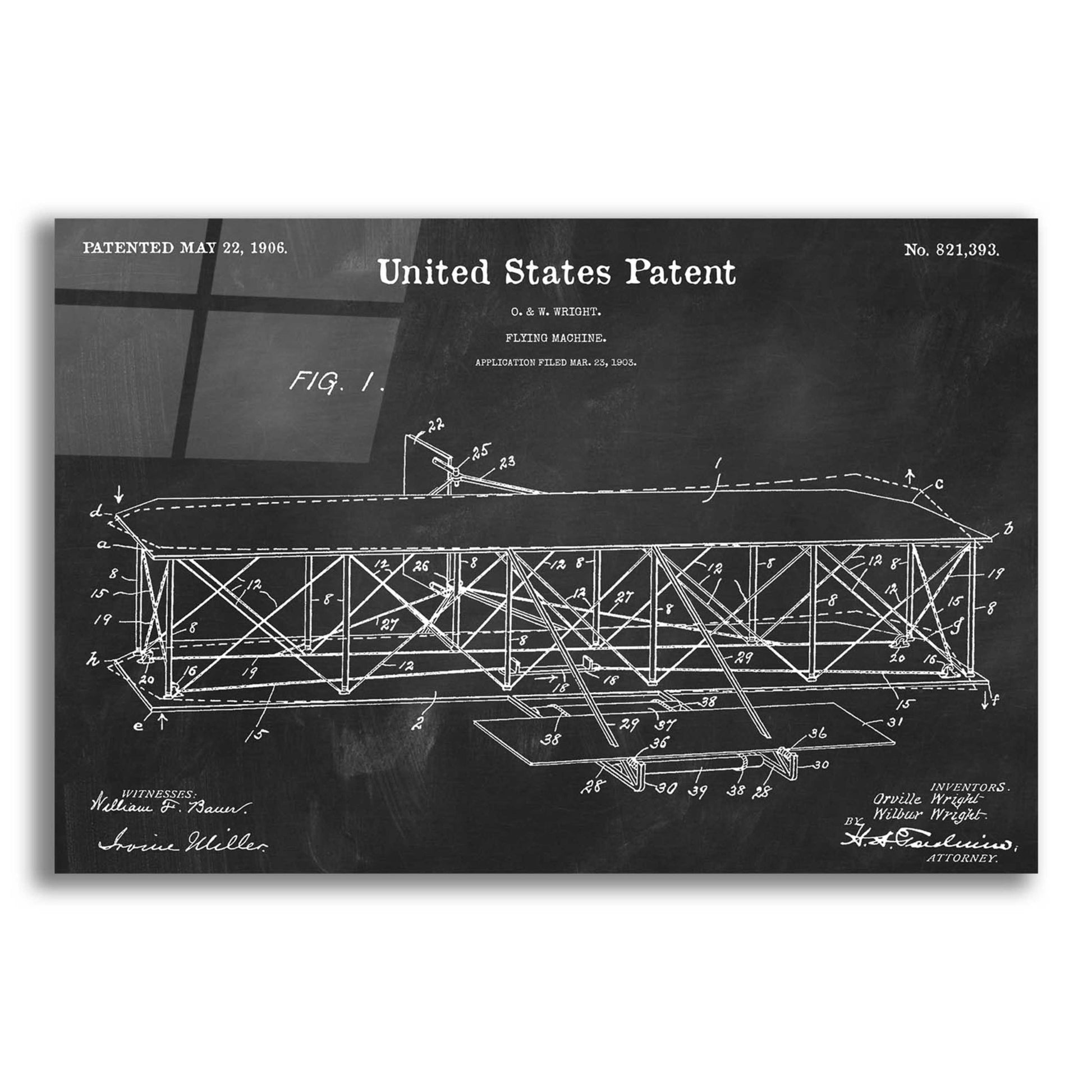 Epic Art 'Wright Bros. Flying Machine Blueprint Patent Chalkboard,' by Acrylic Glass Wall Art,16x12x1.1x0,26x18x1.1x0,34x26x1.74x0,54x40x1.74x0