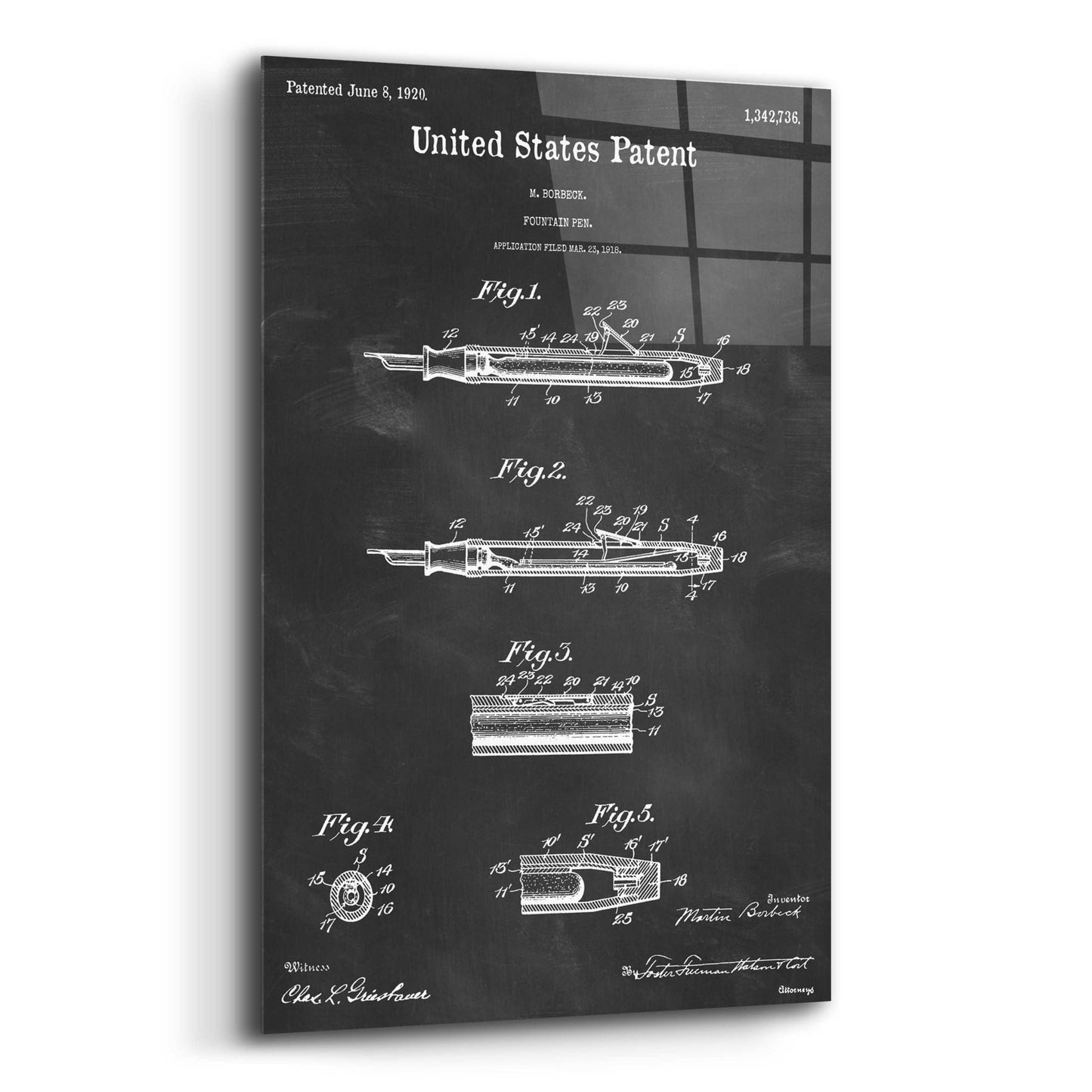 Epic Art 'Fountain Pen Blueprint Patent Chalkboard,' Acrylic Glass Wall Art,12x16