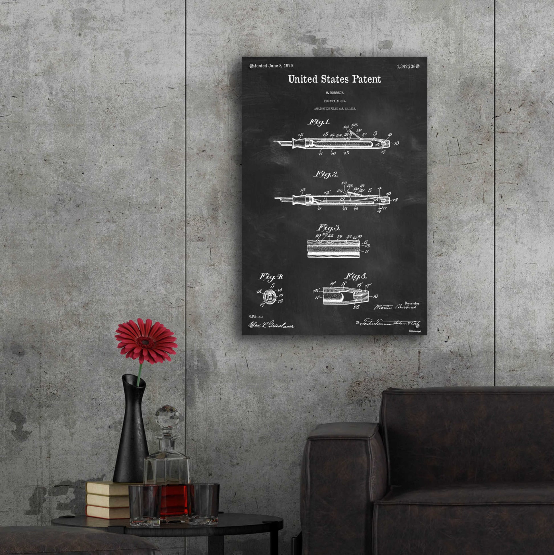 Epic Art 'Fountain Pen Blueprint Patent Chalkboard,' Acrylic Glass Wall Art,24x36