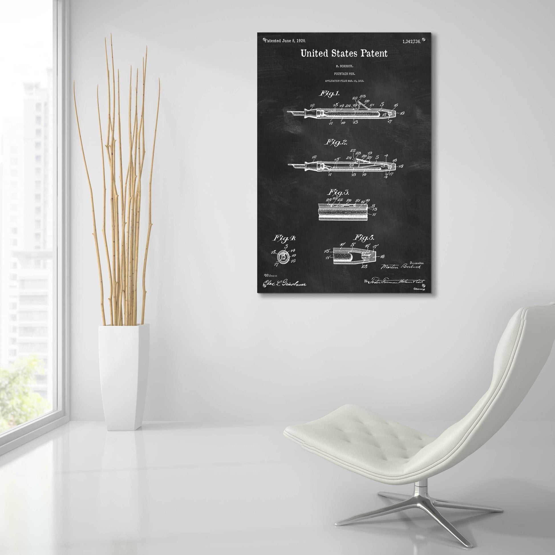 Epic Art 'Fountain Pen Blueprint Patent Chalkboard,' Acrylic Glass Wall Art,24x36