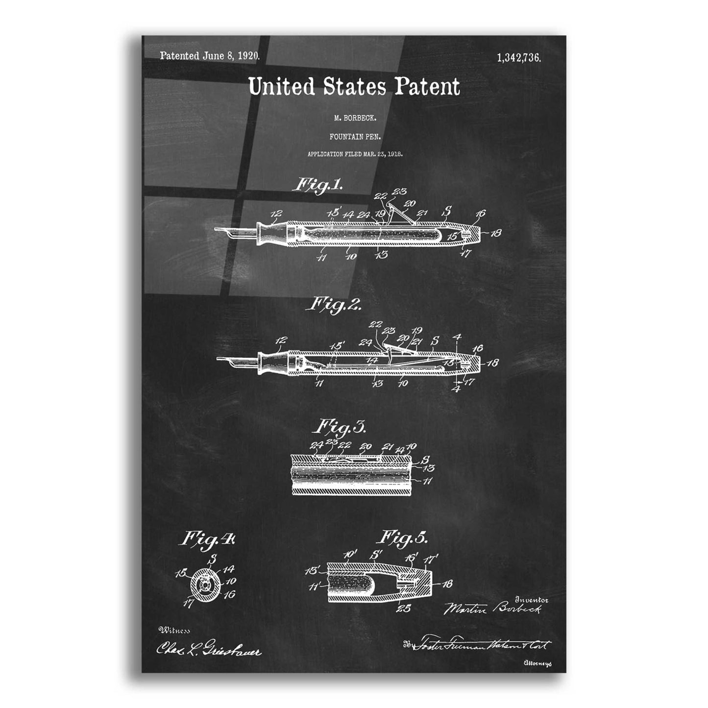 Epic Art 'Fountain Pen Blueprint Patent Chalkboard,' Acrylic Glass Wall Art,12x16x1.1x0,18x26x1.1x0,26x34x1.74x0,40x54x1.74x0