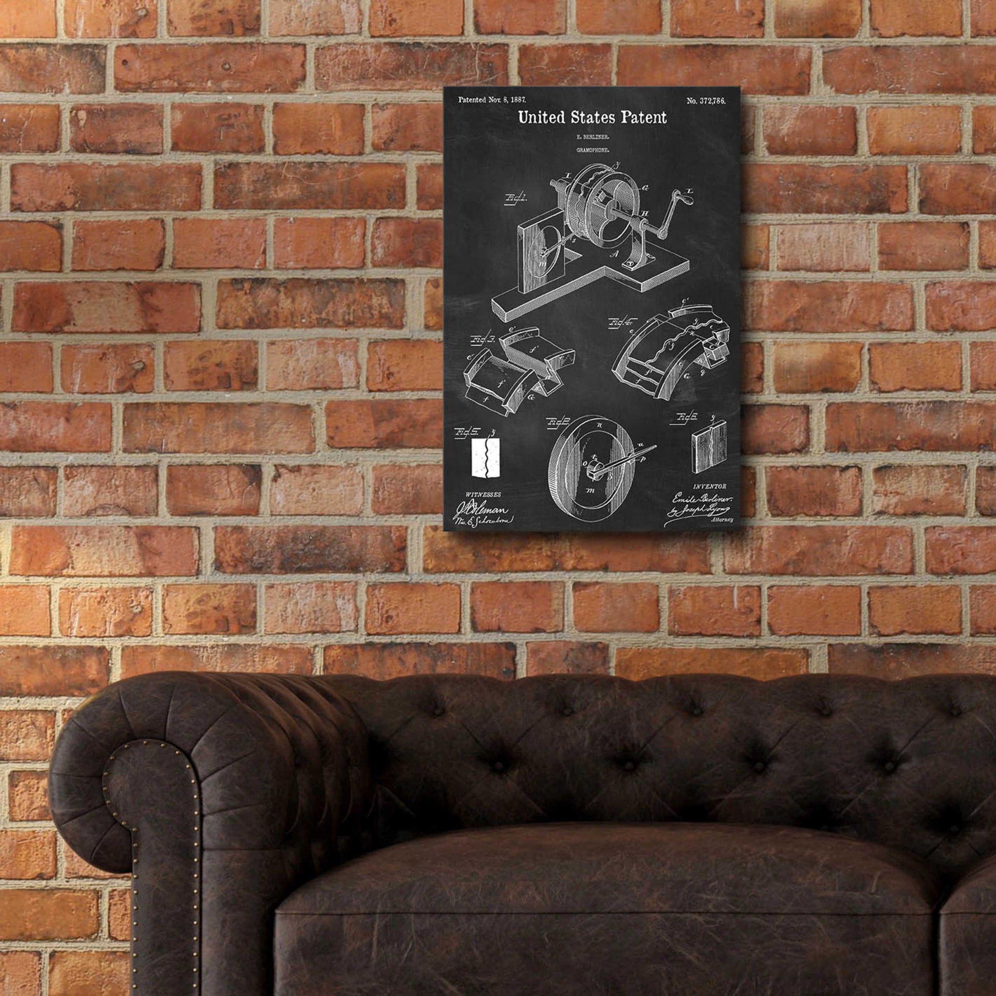 Epic Art 'Gramophone, 1887 Blueprint Patent Chalkboard,' Acrylic Glass Wall Art,16x24