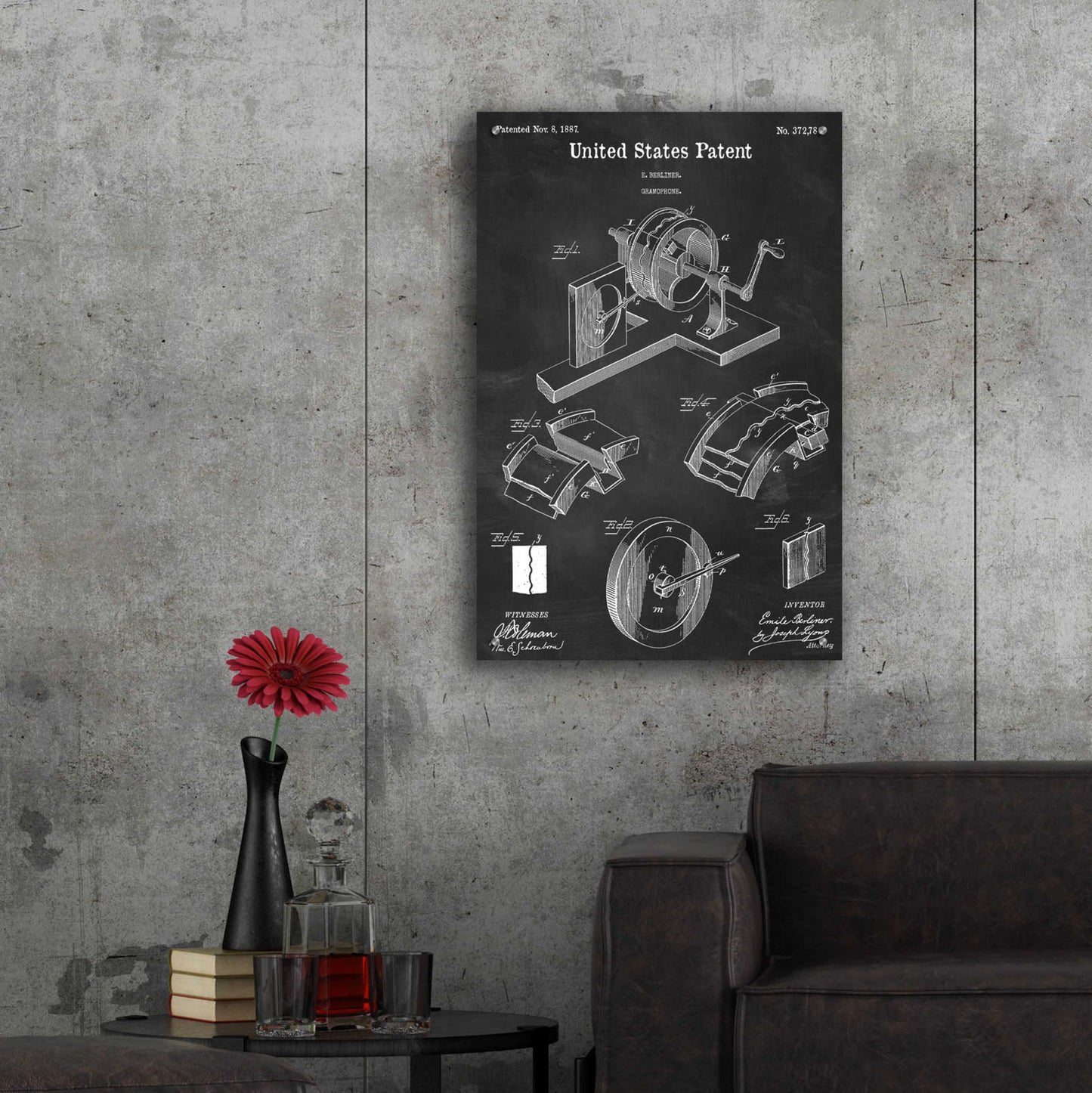 Epic Art 'Gramophone, 1887 Blueprint Patent Chalkboard,' Acrylic Glass Wall Art,24x36