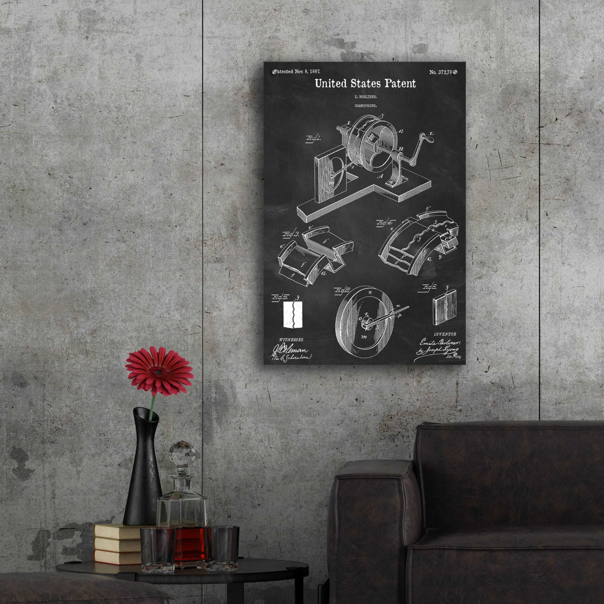 Epic Art 'Gramophone, 1887 Blueprint Patent Chalkboard,' Acrylic Glass Wall Art,24x36