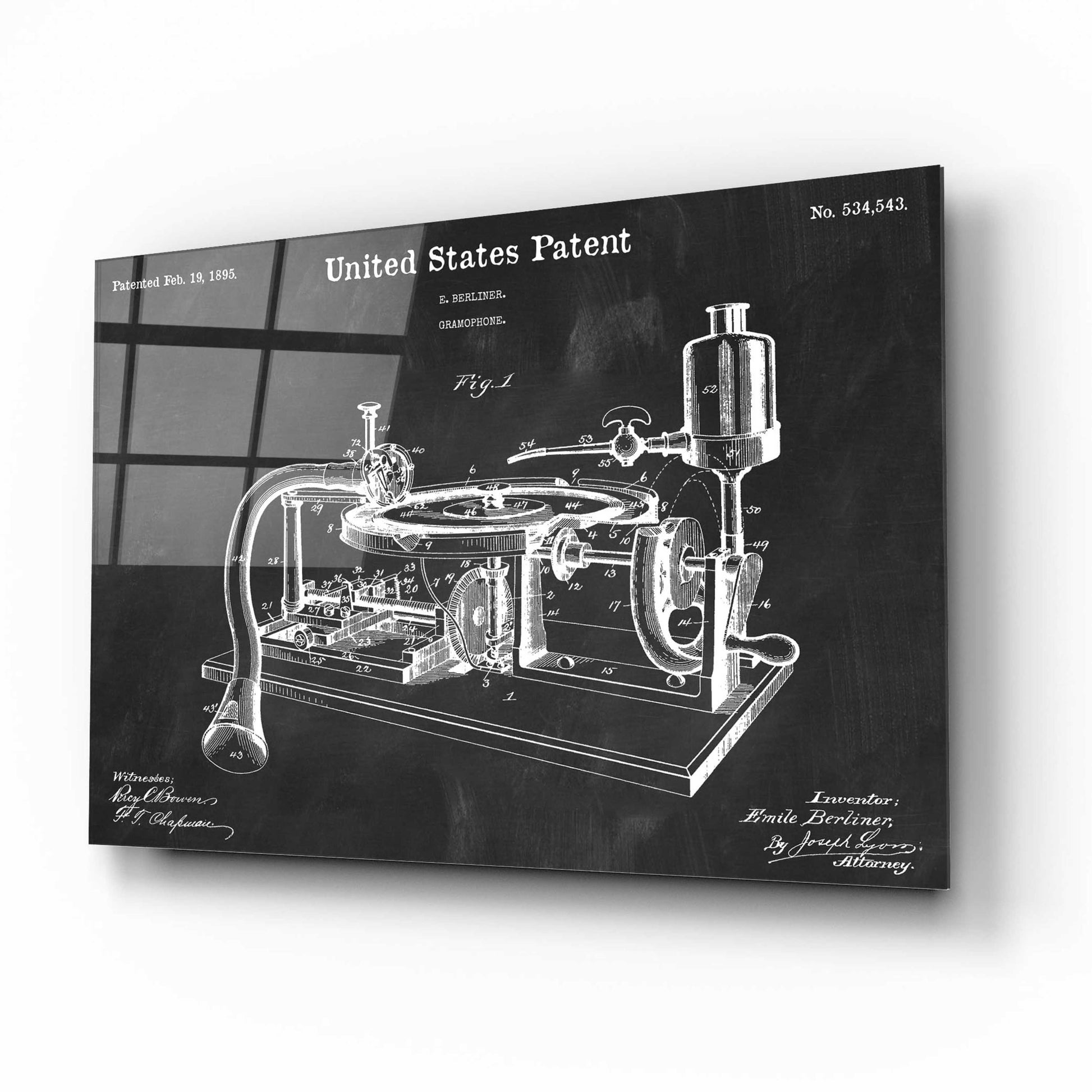 Epic Art 'Gramophone, 1895 Blueprint Patent Chalkboard,' Acrylic Glass Wall Art,16x12