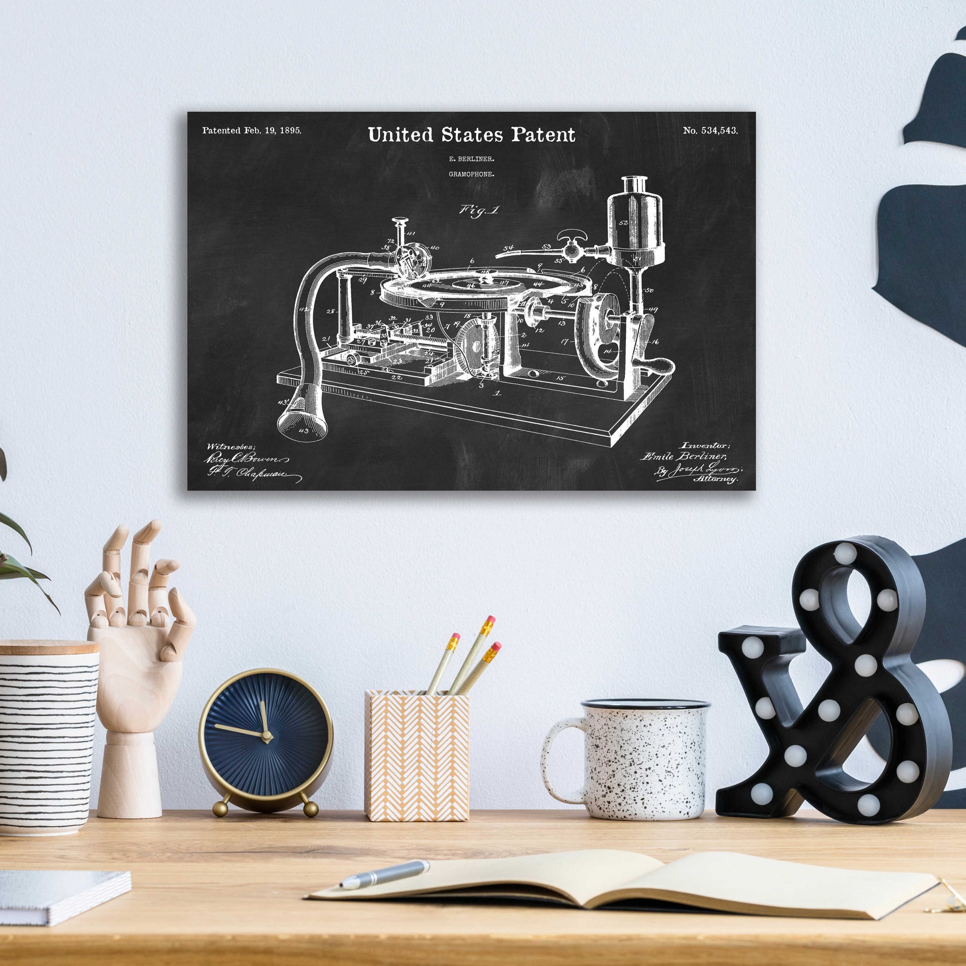 Epic Art 'Gramophone, 1895 Blueprint Patent Chalkboard,' Acrylic Glass Wall Art,16x12