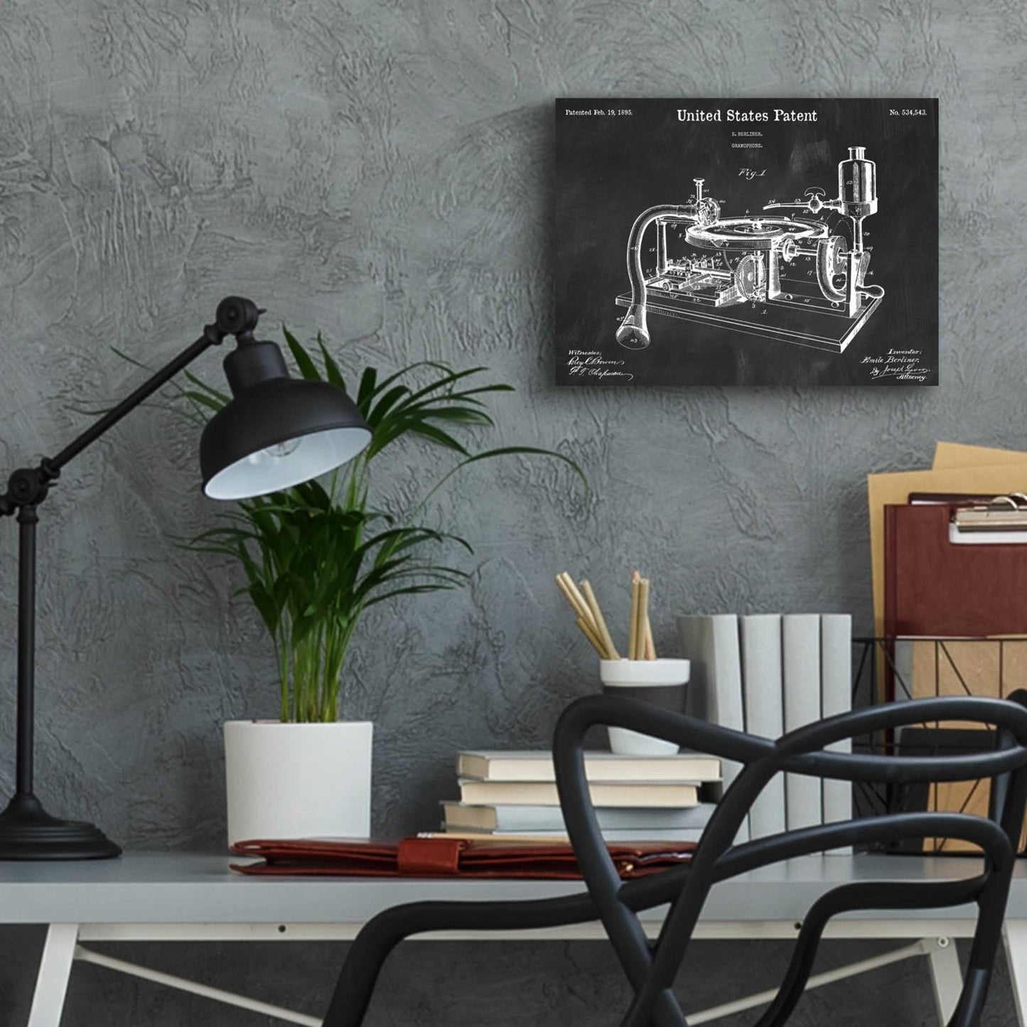 Epic Art 'Gramophone, 1895 Blueprint Patent Chalkboard,' Acrylic Glass Wall Art,16x12