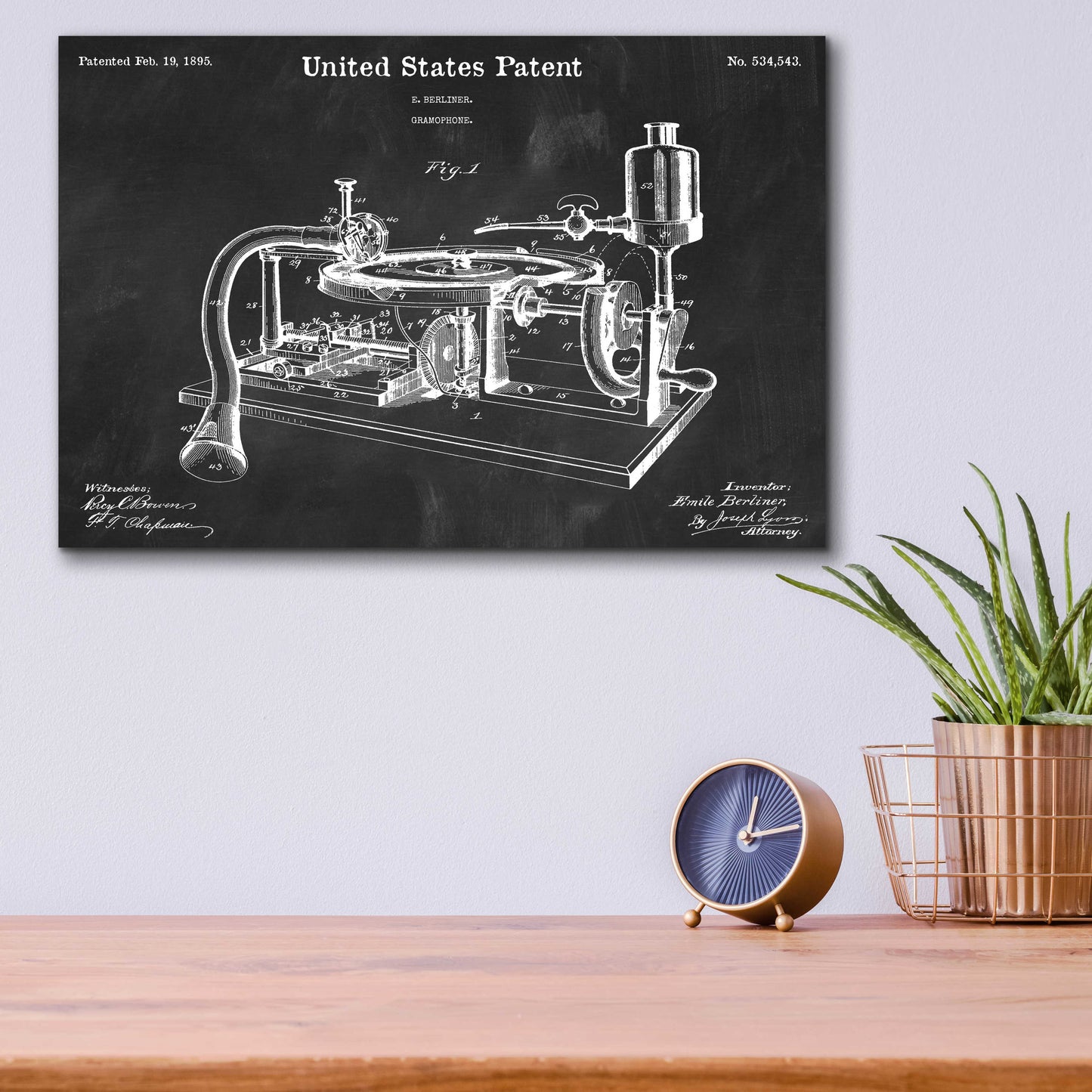 Epic Art 'Gramophone, 1895 Blueprint Patent Chalkboard,' Acrylic Glass Wall Art,16x12