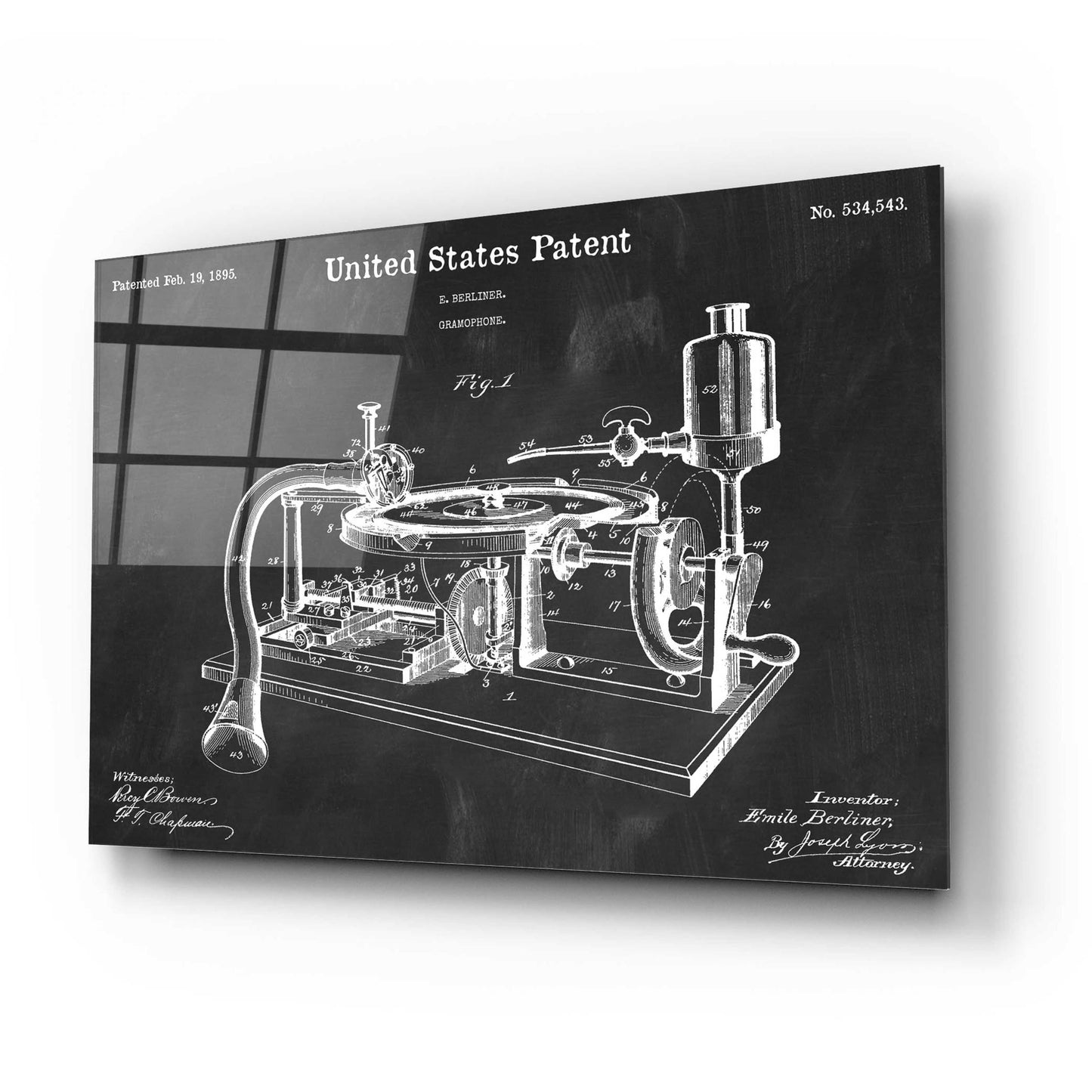 Epic Art 'Gramophone, 1895 Blueprint Patent Chalkboard,' Acrylic Glass Wall Art,24x16