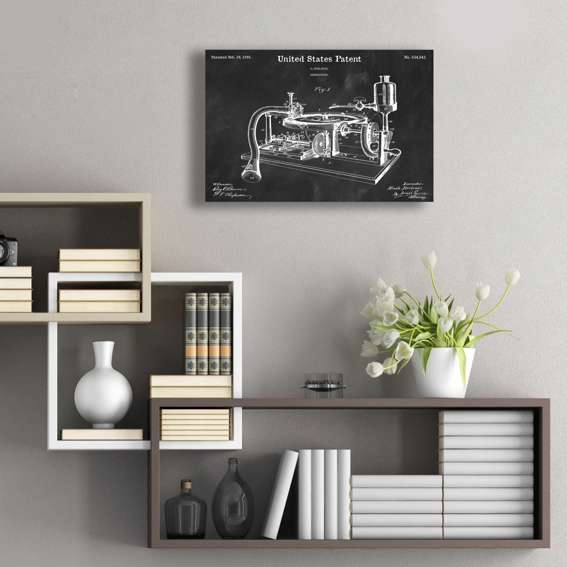 Epic Art 'Gramophone, 1895 Blueprint Patent Chalkboard,' Acrylic Glass Wall Art,24x16