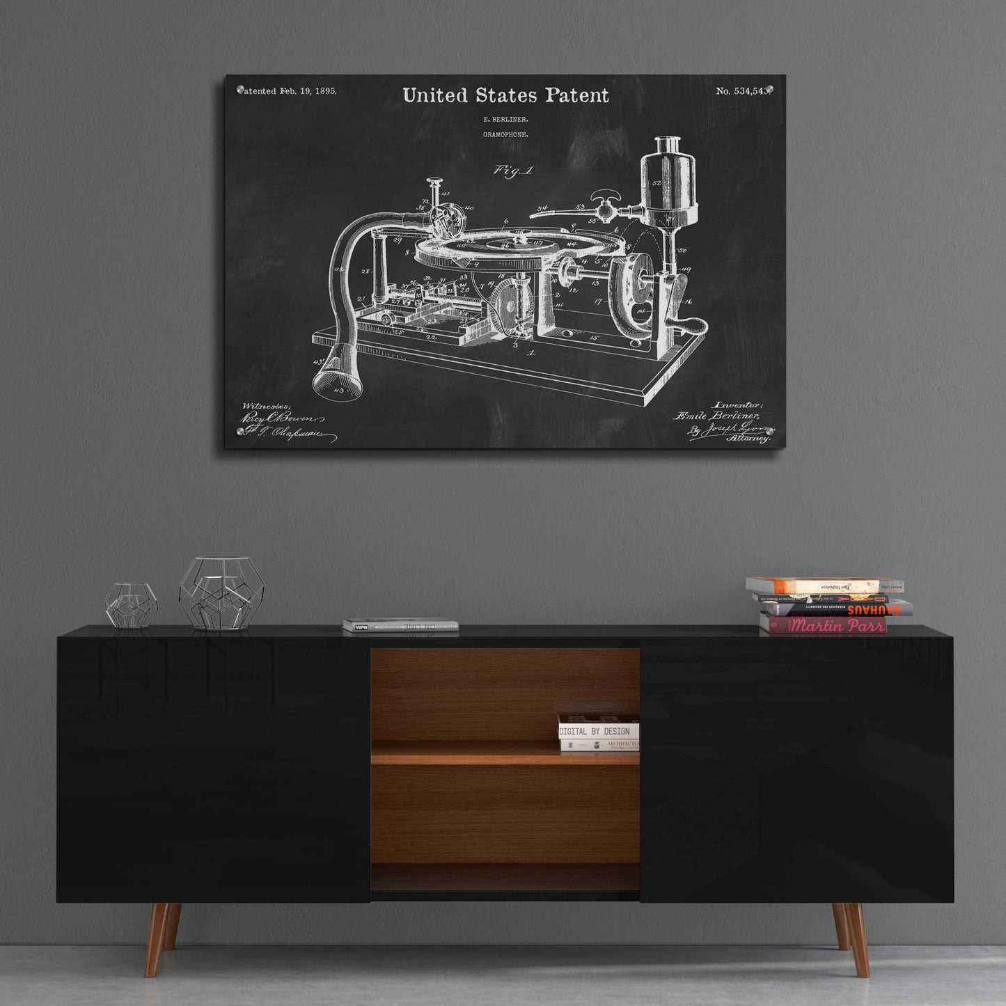 Epic Art 'Gramophone, 1895 Blueprint Patent Chalkboard,' Acrylic Glass Wall Art,36x24