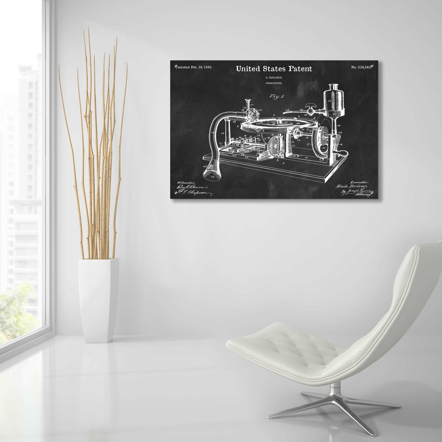 Epic Art 'Gramophone, 1895 Blueprint Patent Chalkboard,' Acrylic Glass Wall Art,36x24