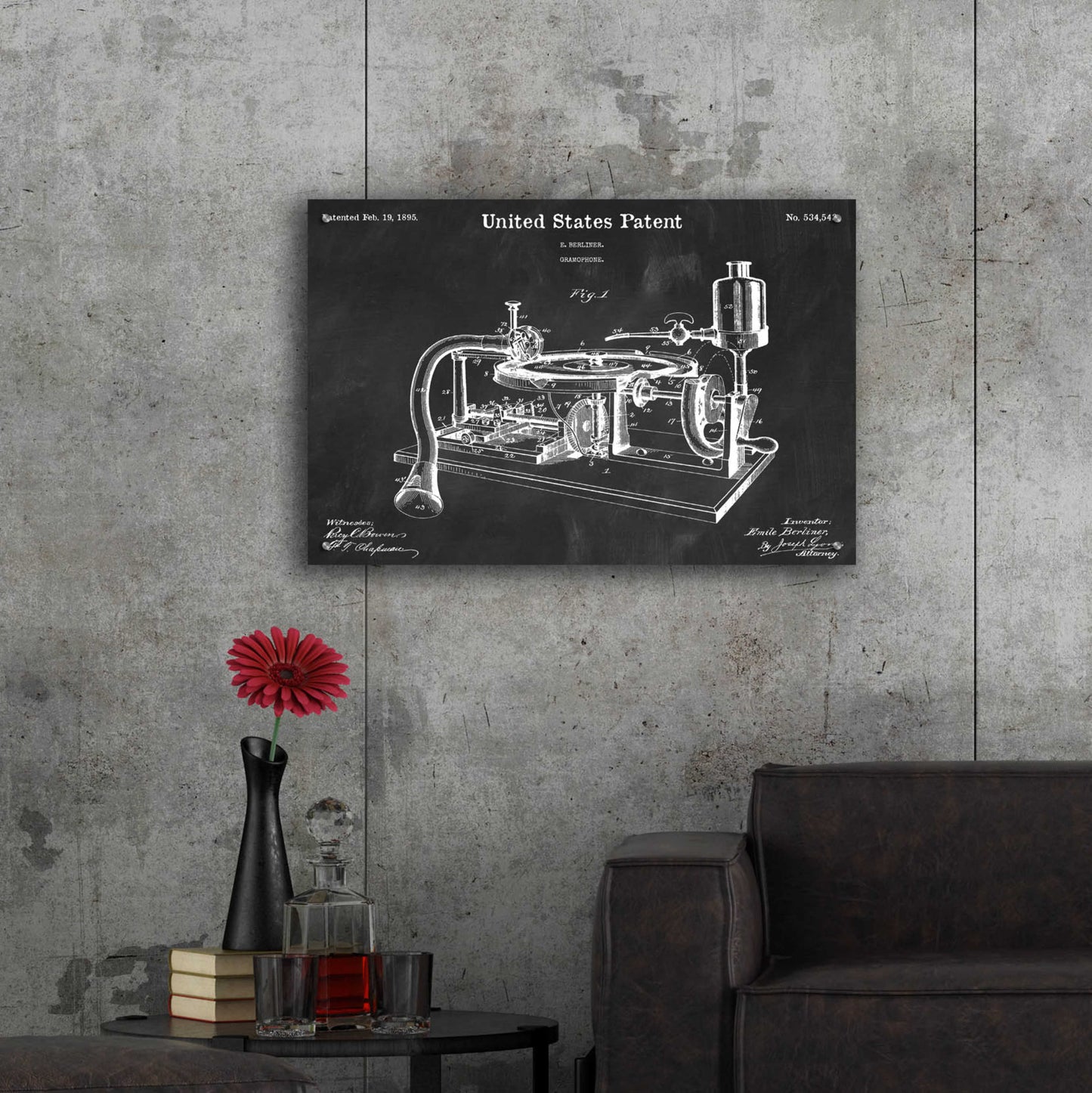 Epic Art 'Gramophone, 1895 Blueprint Patent Chalkboard,' Acrylic Glass Wall Art,36x24