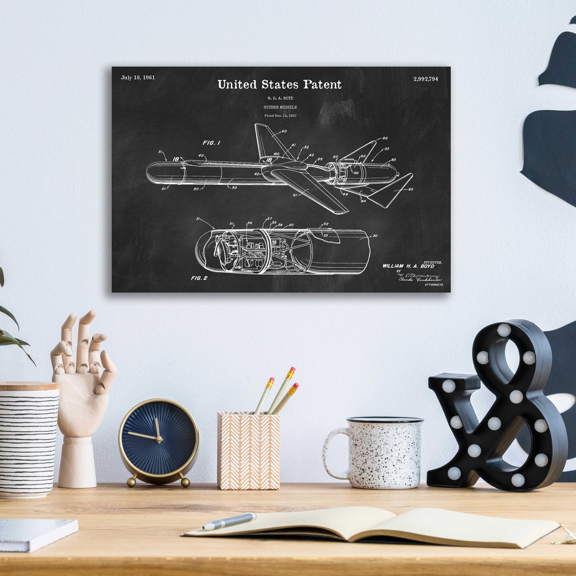 Epic Art 'Cold War Era Guided Missile Blueprint Patent Chalkboard,' Acrylic Glass Wall Art,16x12