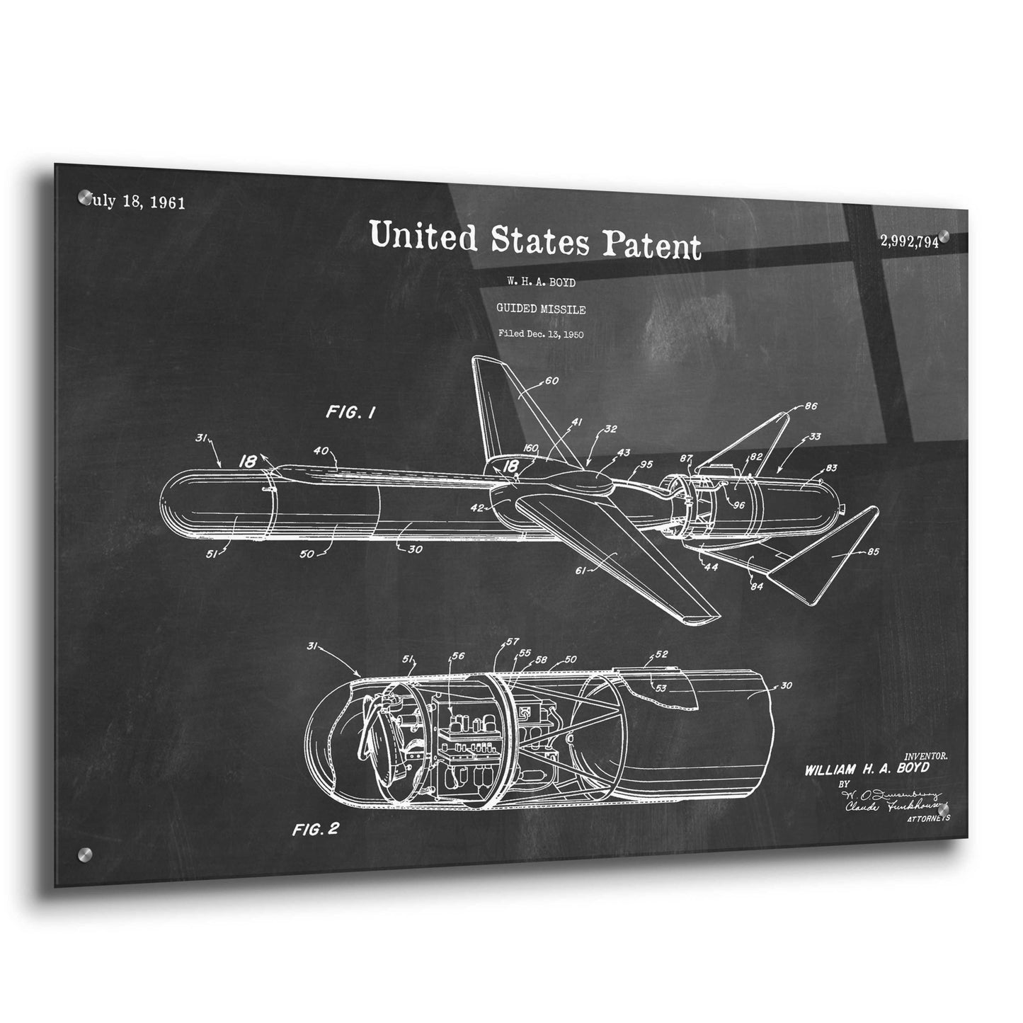 Epic Art 'Cold War Era Guided Missile Blueprint Patent Chalkboard,' Acrylic Glass Wall Art,36x24