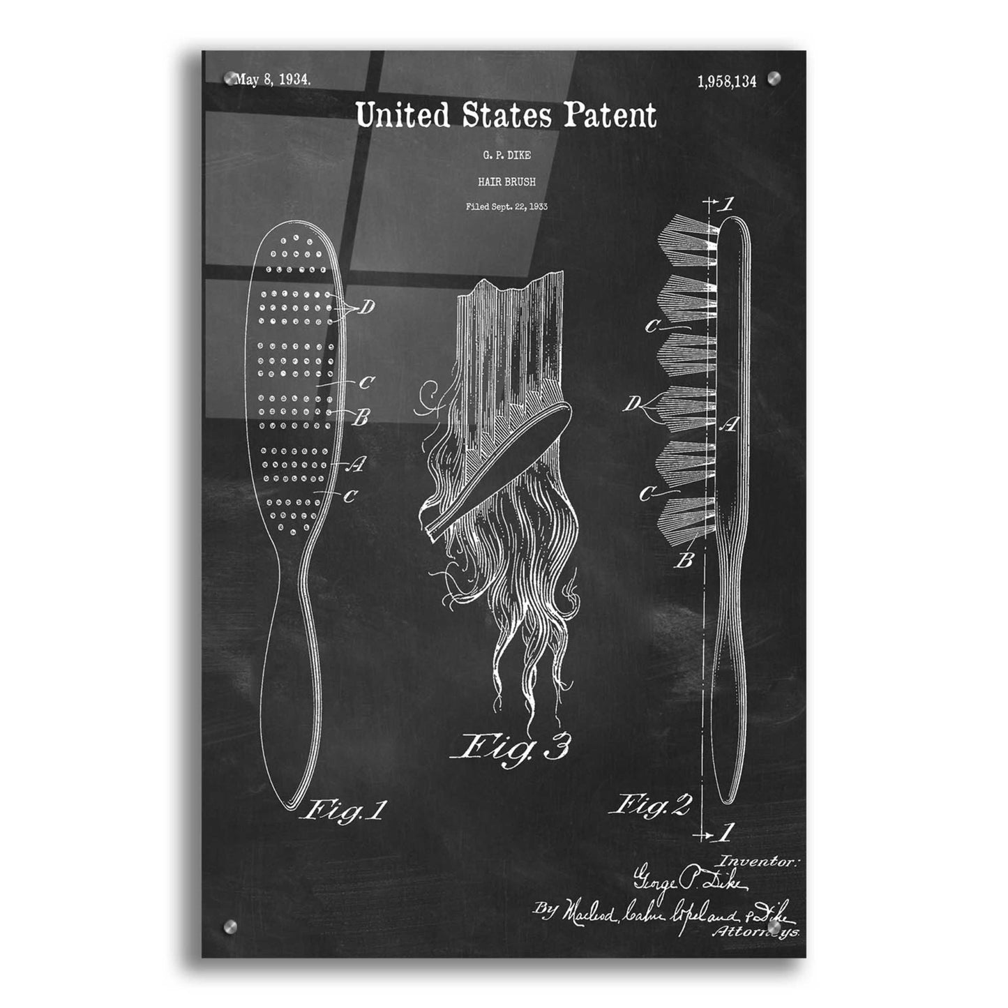 Epic Art 'Hair Brush Blueprint Patent Chalkboard,' Acrylic Glass Wall Art,24x36