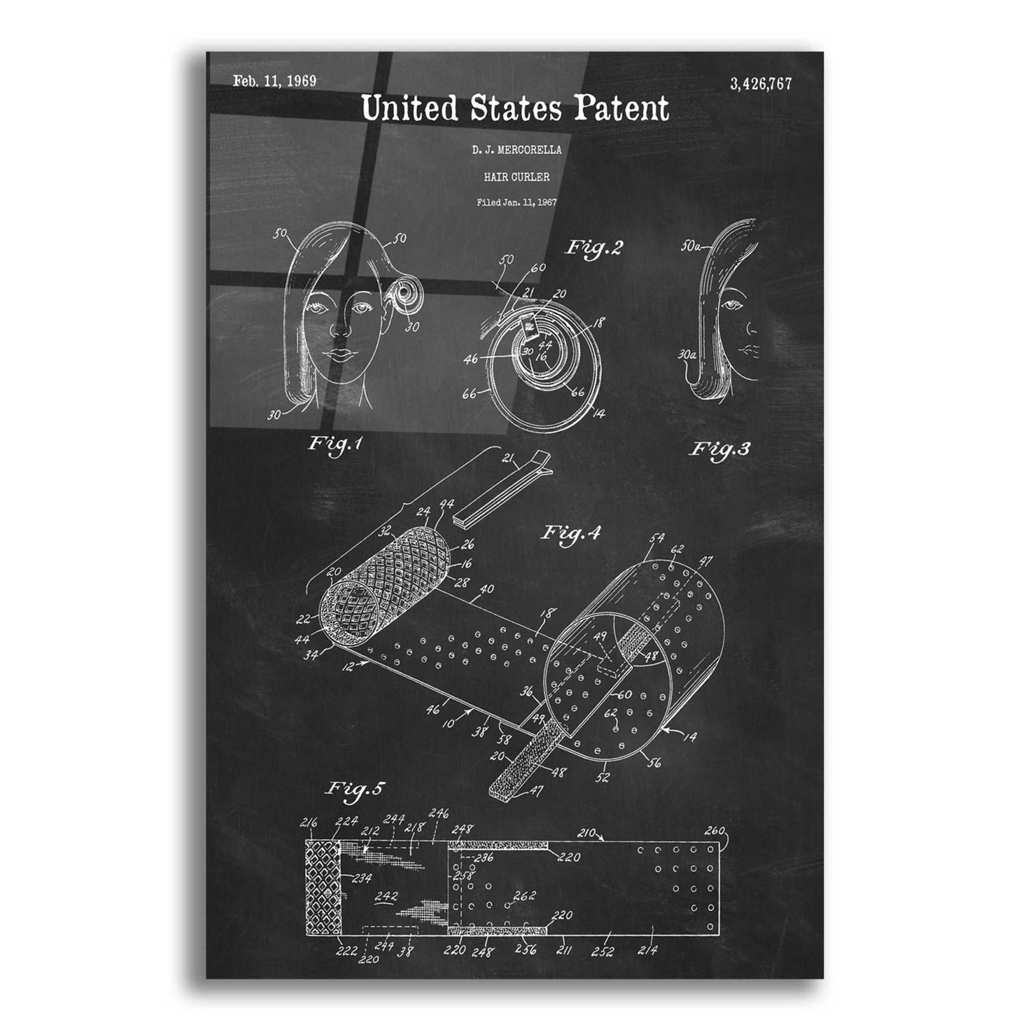 Epic Art 'Hair Curler Blueprint Patent Chalkboard,' Acrylic Glass Wall Art,12x16x1.1x0,18x26x1.1x0,26x34x1.74x0,40x54x1.74x0