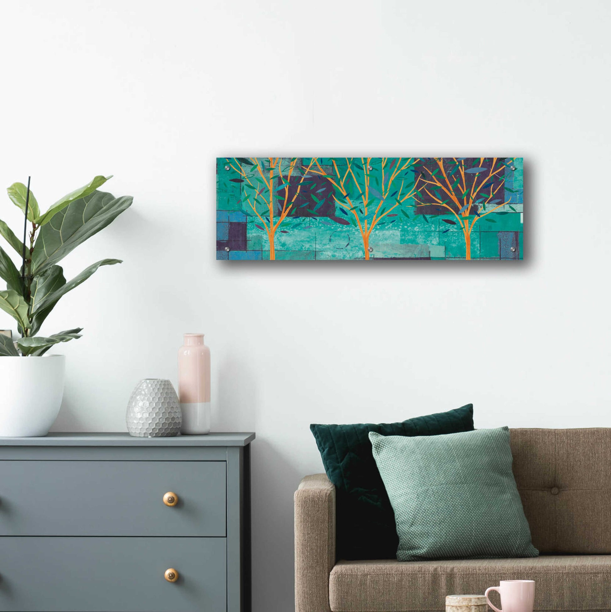 Epic Art 'Watercolor Forest III Peacock' by Veronique Charron, Acrylic Glass Wall Art,36x12