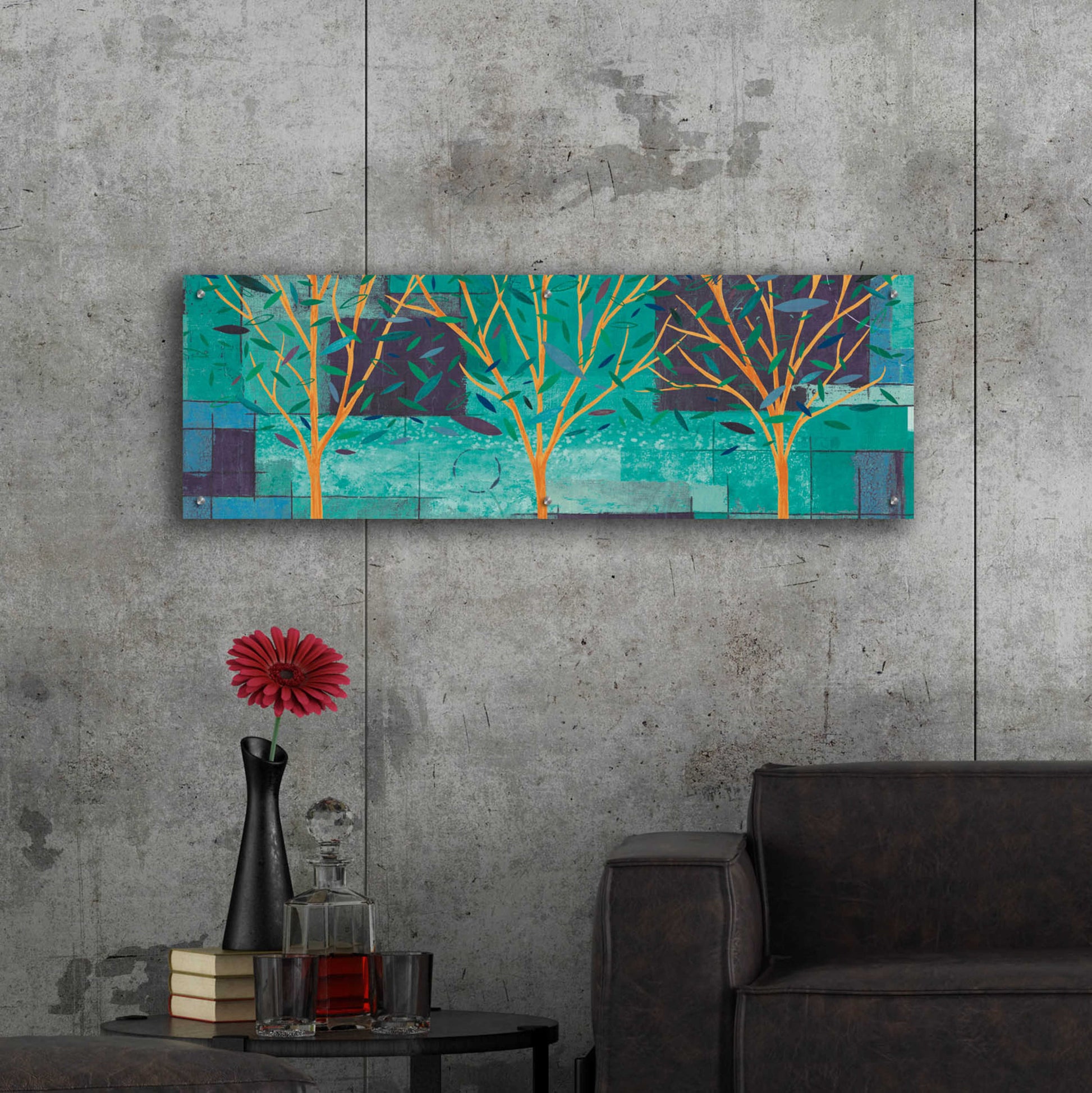 Epic Art 'Watercolor Forest III Peacock' by Veronique Charron, Acrylic Glass Wall Art,48x16