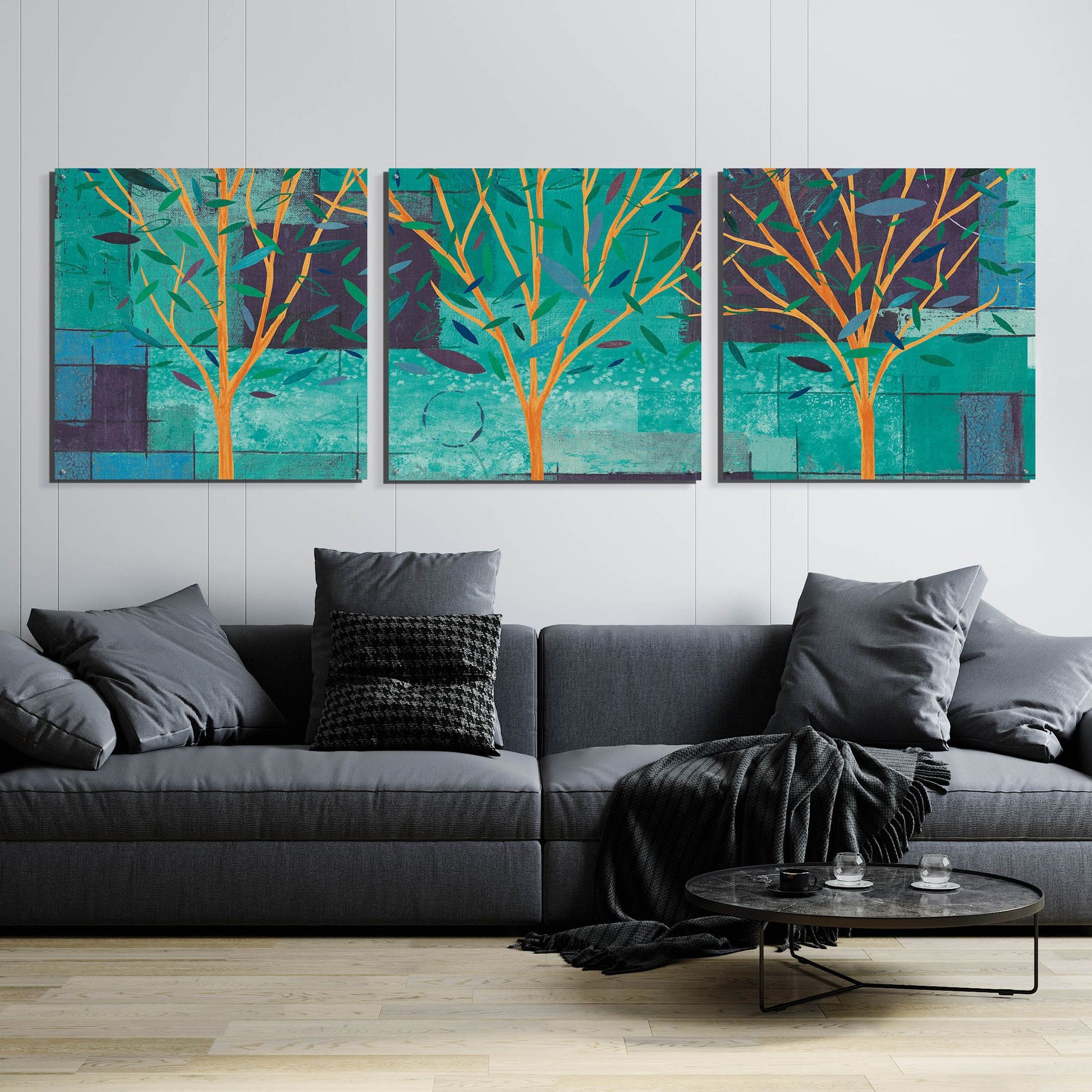 Epic Art 'Watercolor Forest III Peacock' by Veronique Charron, Acrylic Glass Wall Art, 3 Piece Set,108x36