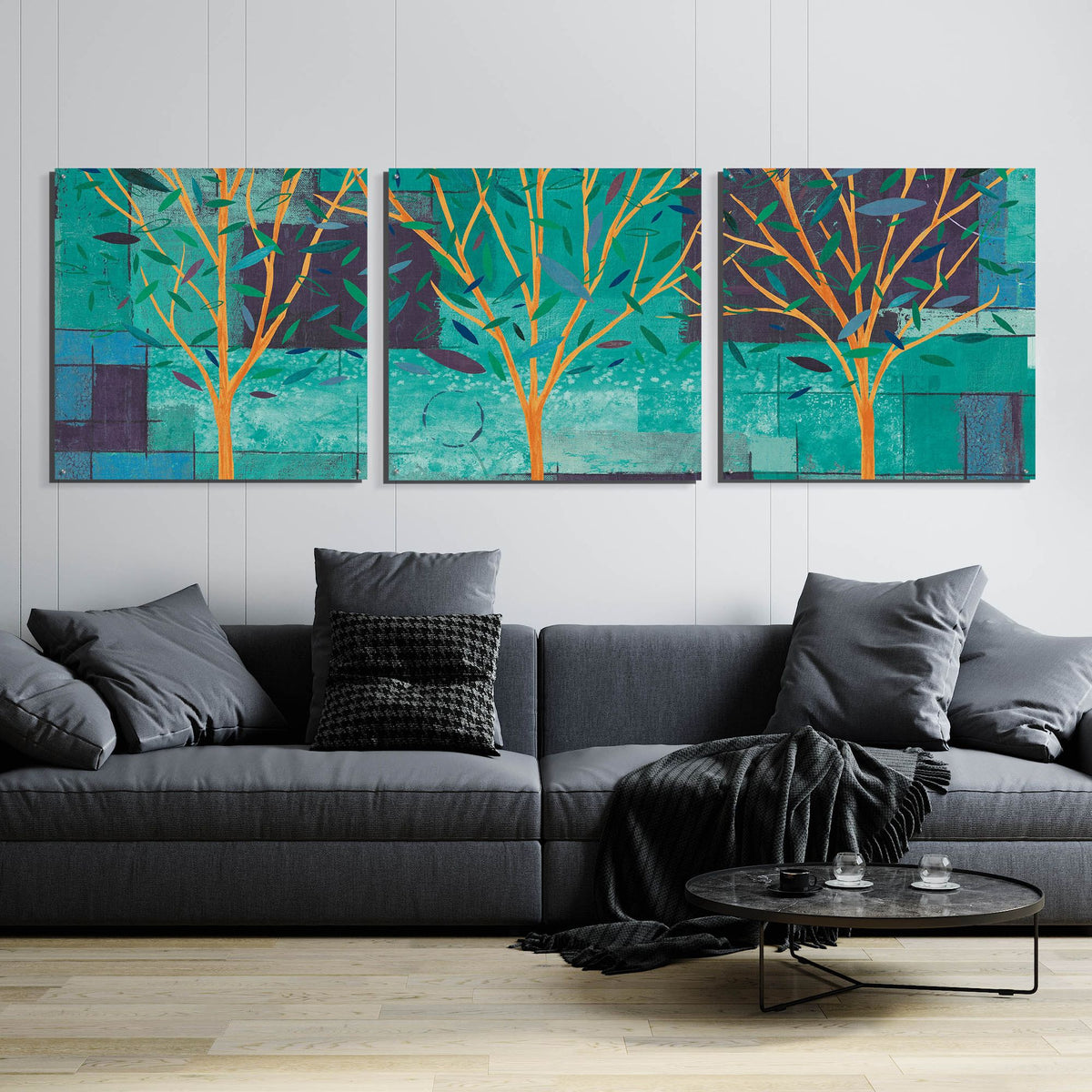 Epic Art 'Watercolor Forest III Peacock' by Veronique Charron, Acrylic Glass Wall Art, 3 Piece Set,108x36