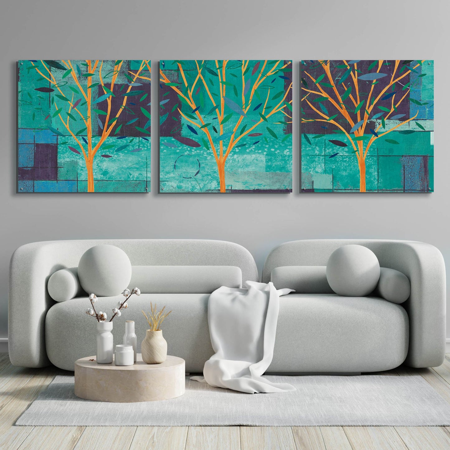 Epic Art 'Watercolor Forest III Peacock' by Veronique Charron, Acrylic Glass Wall Art, 3 Piece Set,108x36