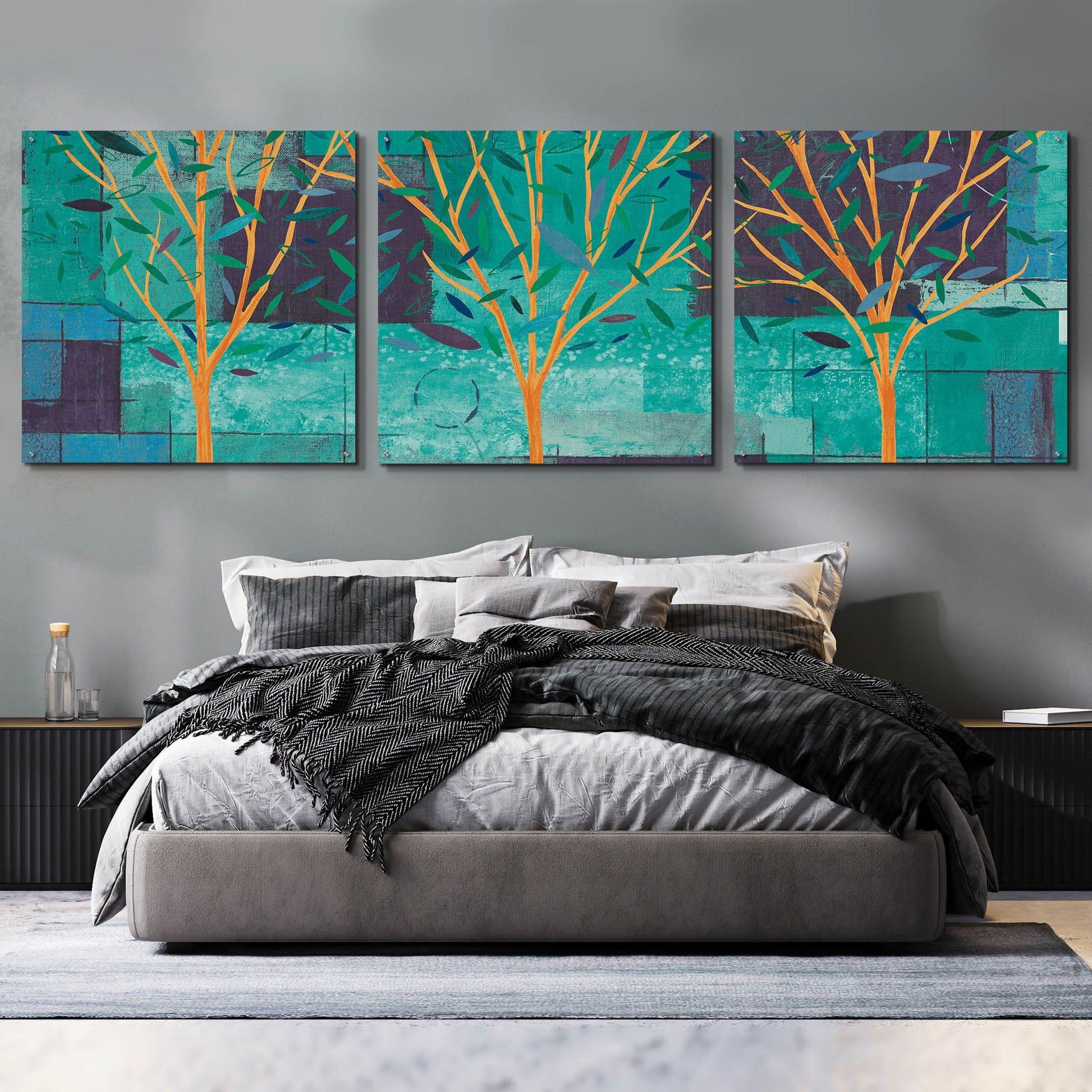 Epic Art 'Watercolor Forest III Peacock' by Veronique Charron, Acrylic Glass Wall Art, 3 Piece Set,108x36