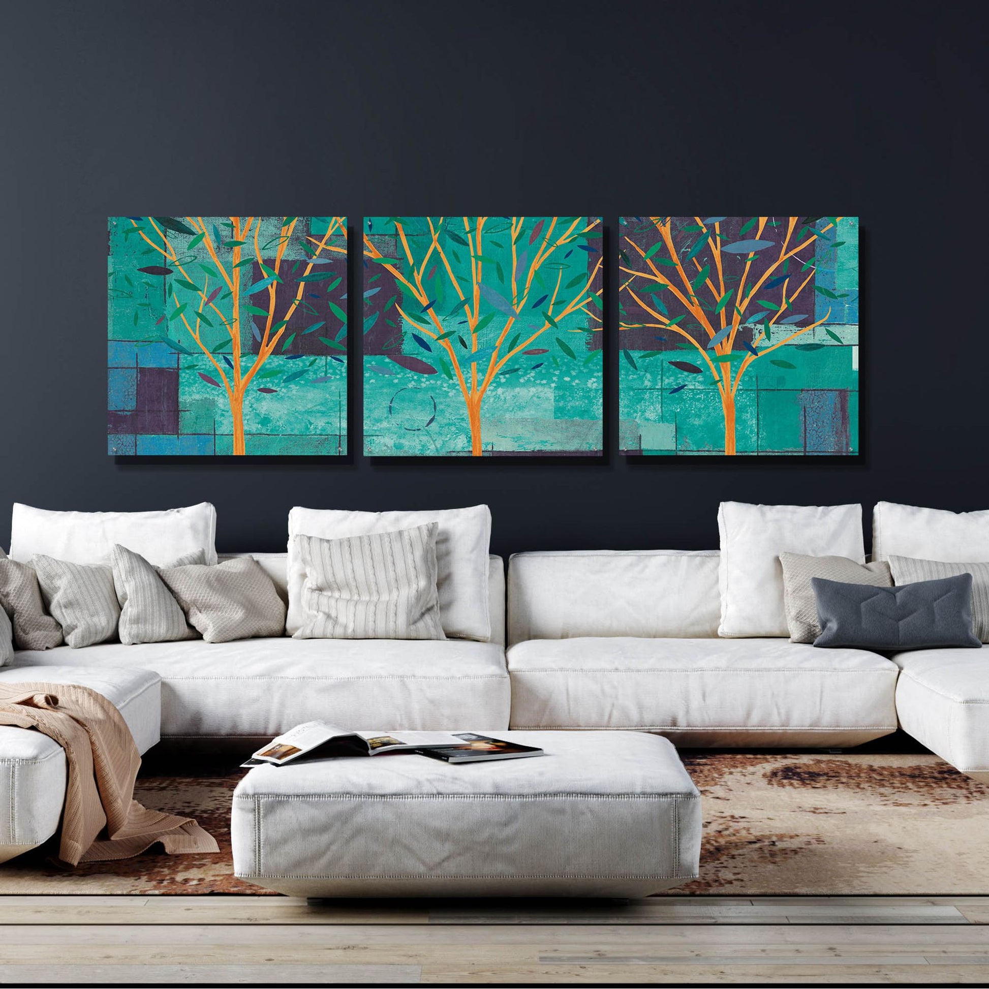 Epic Art 'Watercolor Forest III Peacock' by Veronique Charron, Acrylic Glass Wall Art, 3 Piece Set,108x36