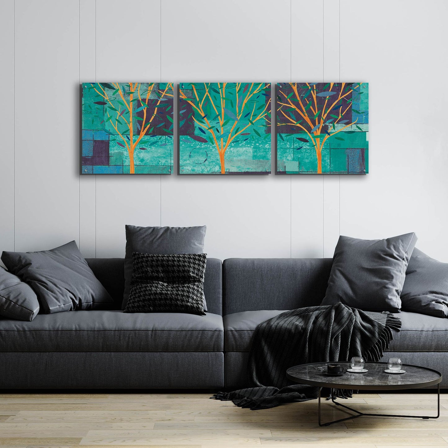 Epic Art 'Watercolor Forest III Peacock' by Veronique Charron, Acrylic Glass Wall Art, 3 Piece Set,72x24