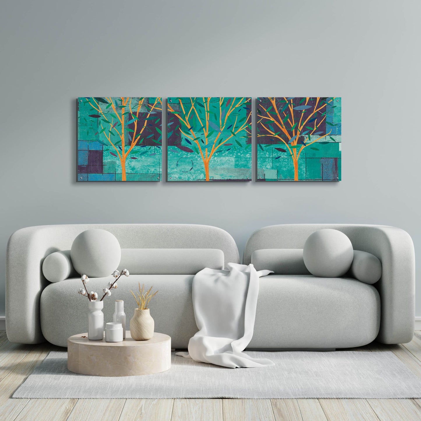 Epic Art 'Watercolor Forest III Peacock' by Veronique Charron, Acrylic Glass Wall Art, 3 Piece Set,72x24