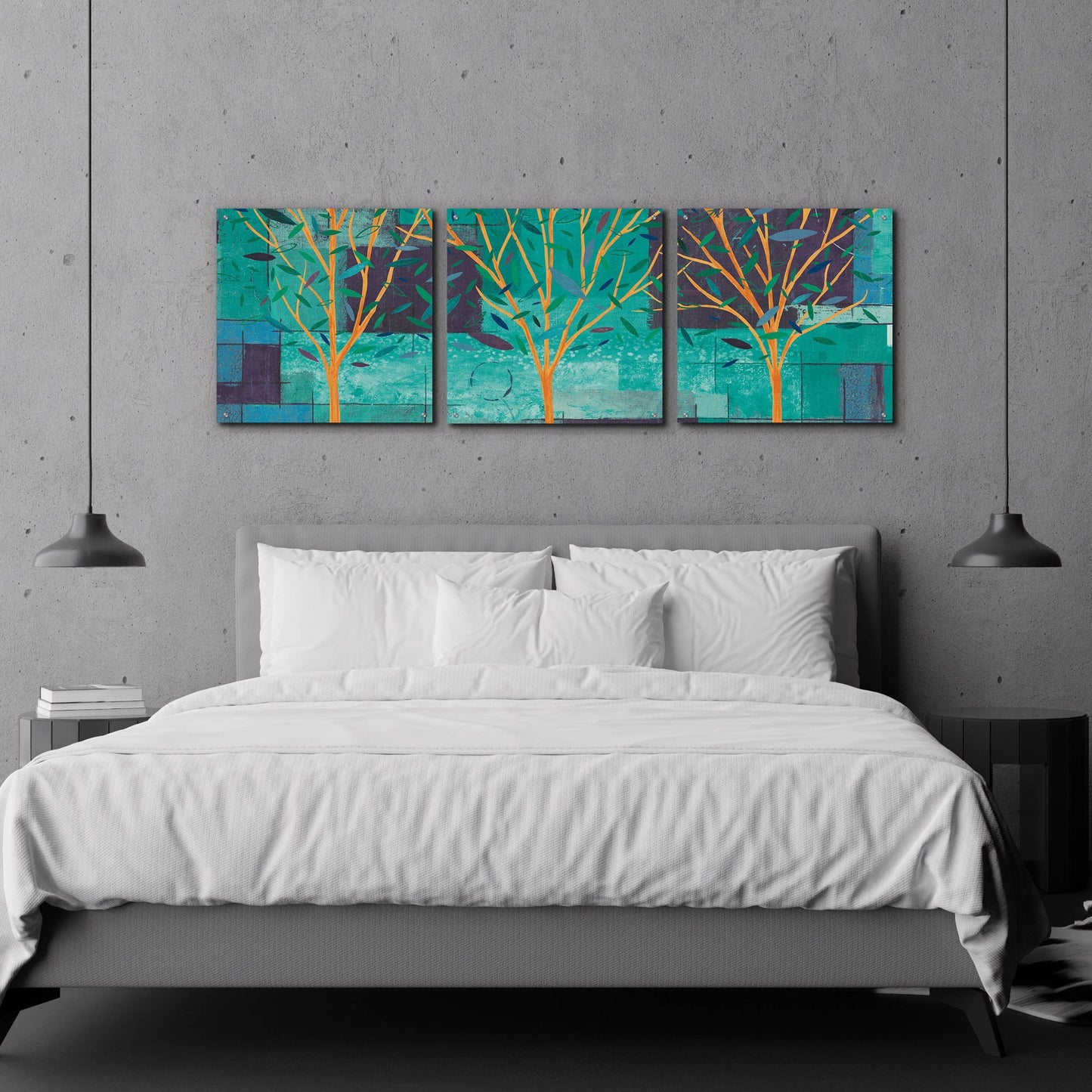 Epic Art 'Watercolor Forest III Peacock' by Veronique Charron, Acrylic Glass Wall Art, 3 Piece Set,72x24