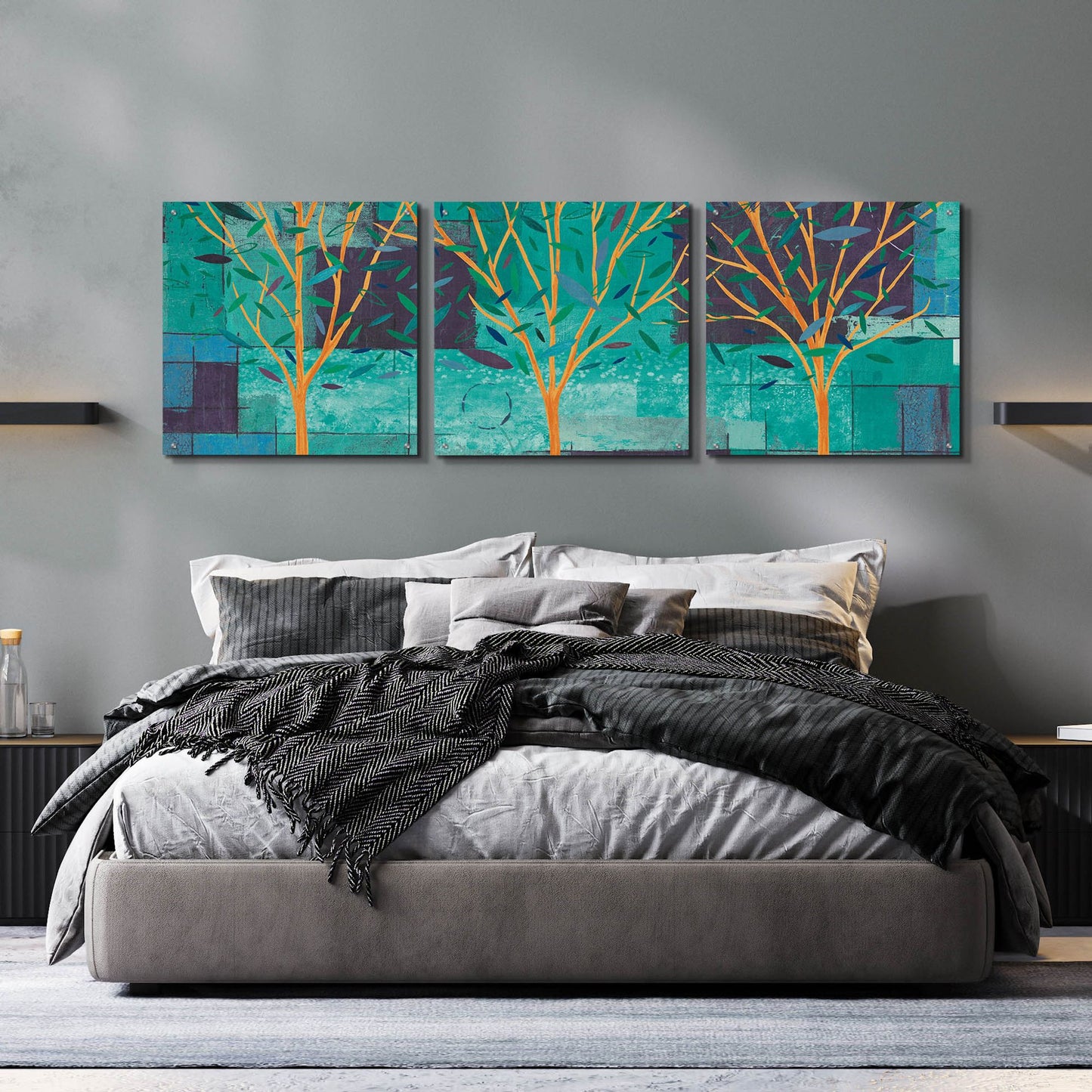 Epic Art 'Watercolor Forest III Peacock' by Veronique Charron, Acrylic Glass Wall Art, 3 Piece Set,72x24