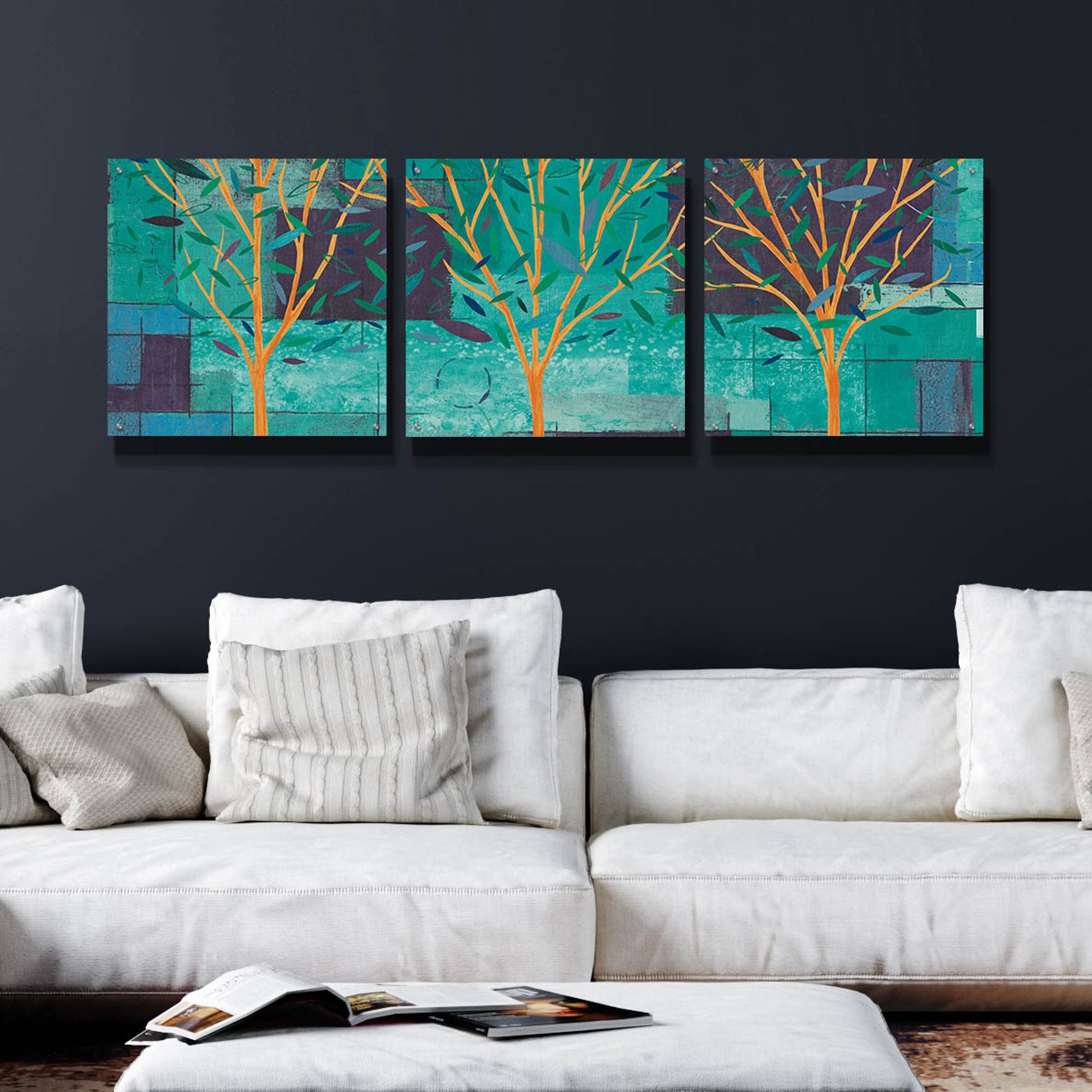 Epic Art 'Watercolor Forest III Peacock' by Veronique Charron, Acrylic Glass Wall Art, 3 Piece Set,72x24