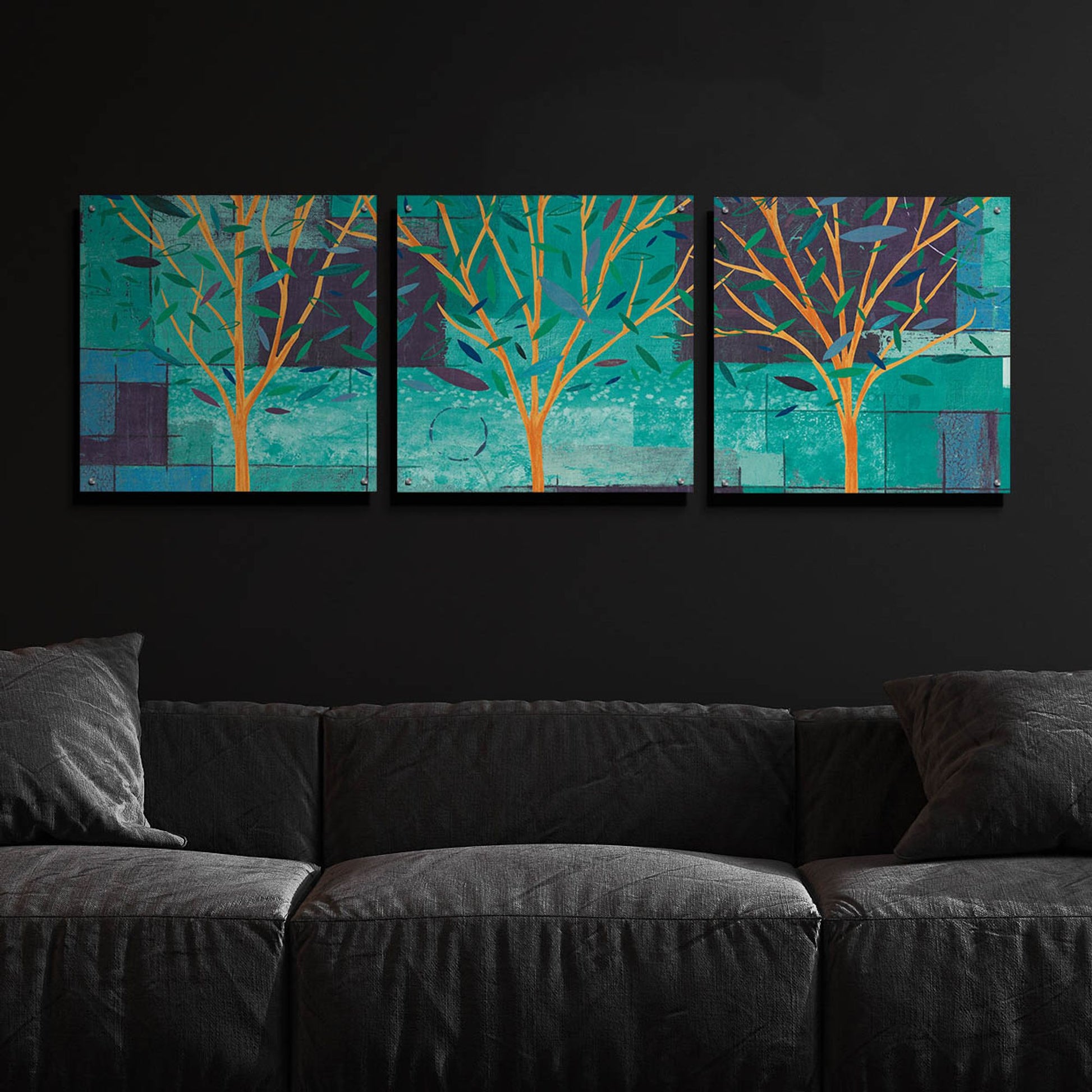 Epic Art 'Watercolor Forest III Peacock' by Veronique Charron, Acrylic Glass Wall Art, 3 Piece Set,72x24