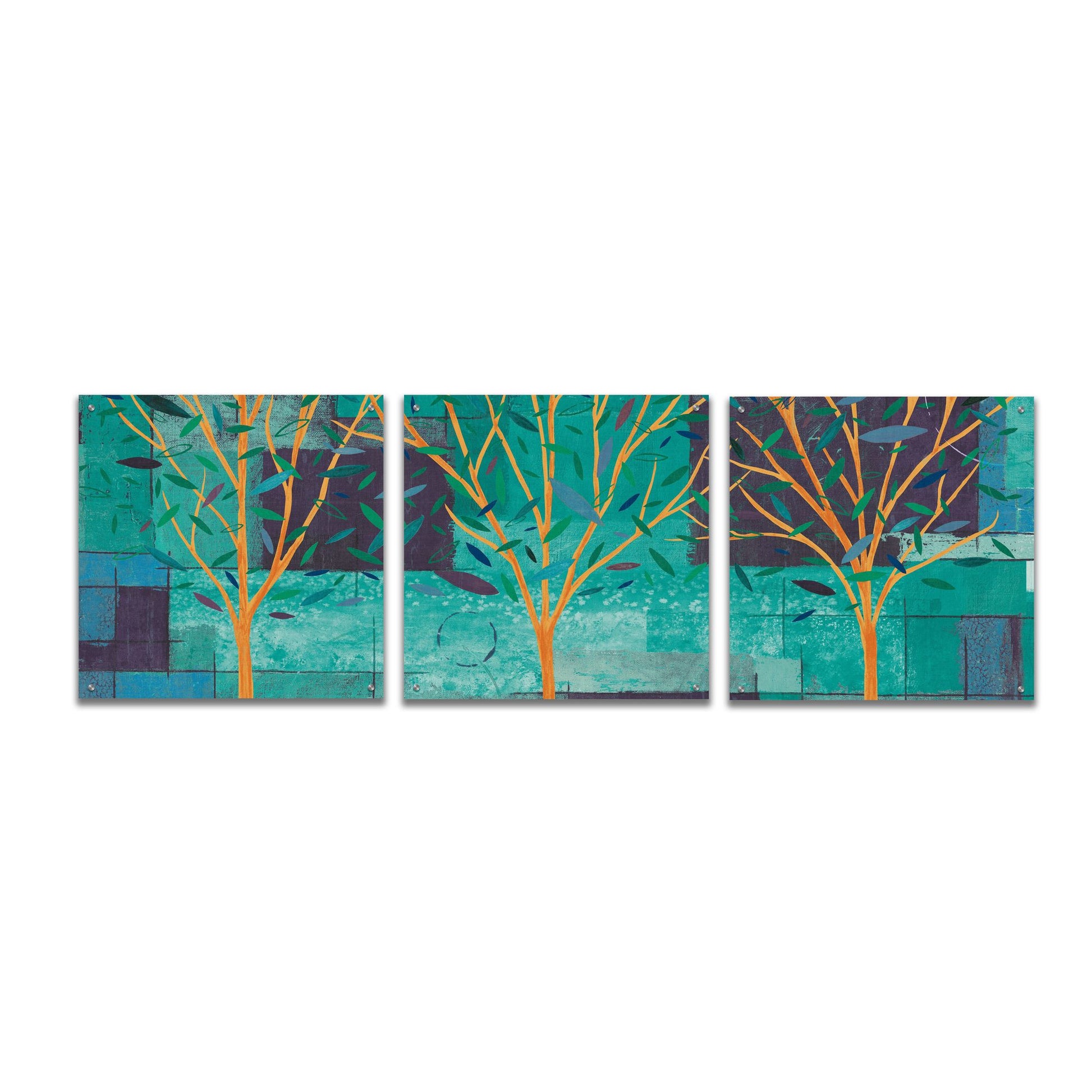 Epic Art 'Watercolor Forest III Peacock' by Veronique Charron, Acrylic Glass Wall Art, 3 Piece Set