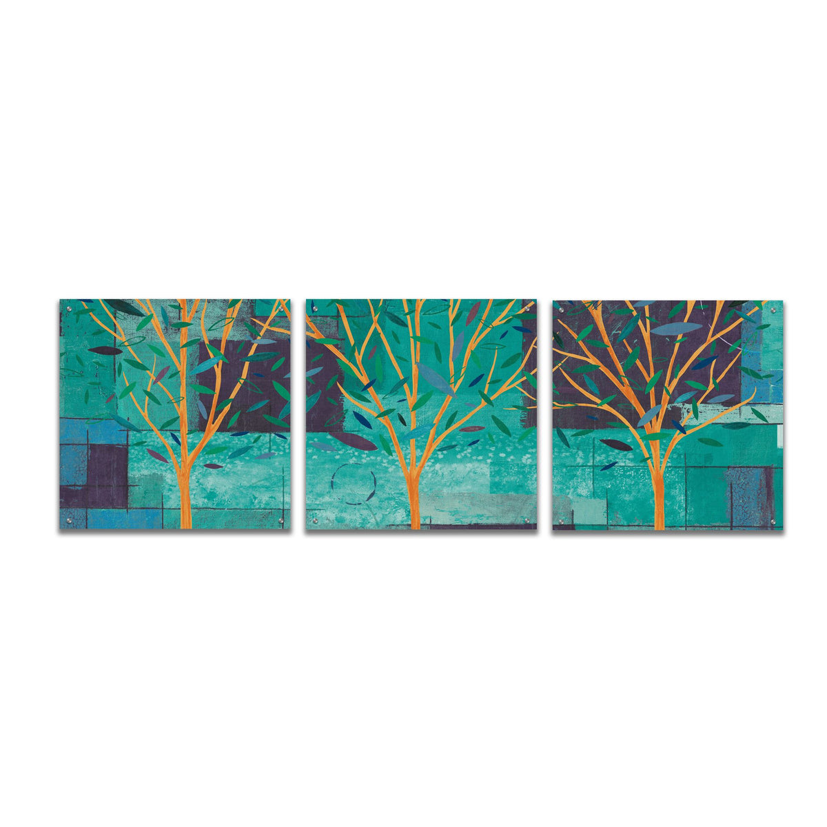 Epic Art 'Watercolor Forest III Peacock' by Veronique Charron, Acrylic Glass Wall Art, 3 Piece Set