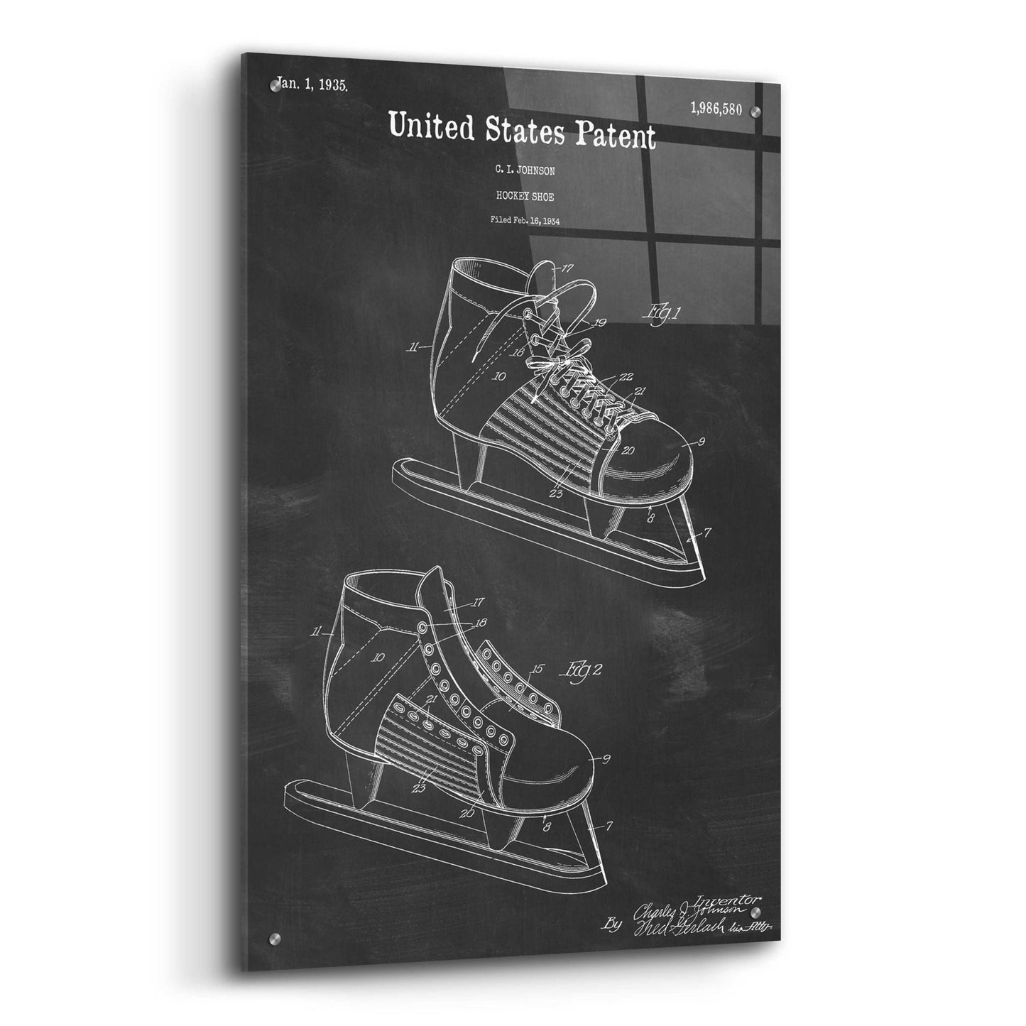 Epic Art 'Hockey Shoe, 1935 Blueprint Patent Chalkboard,' Acrylic Glass Wall Art,24x36