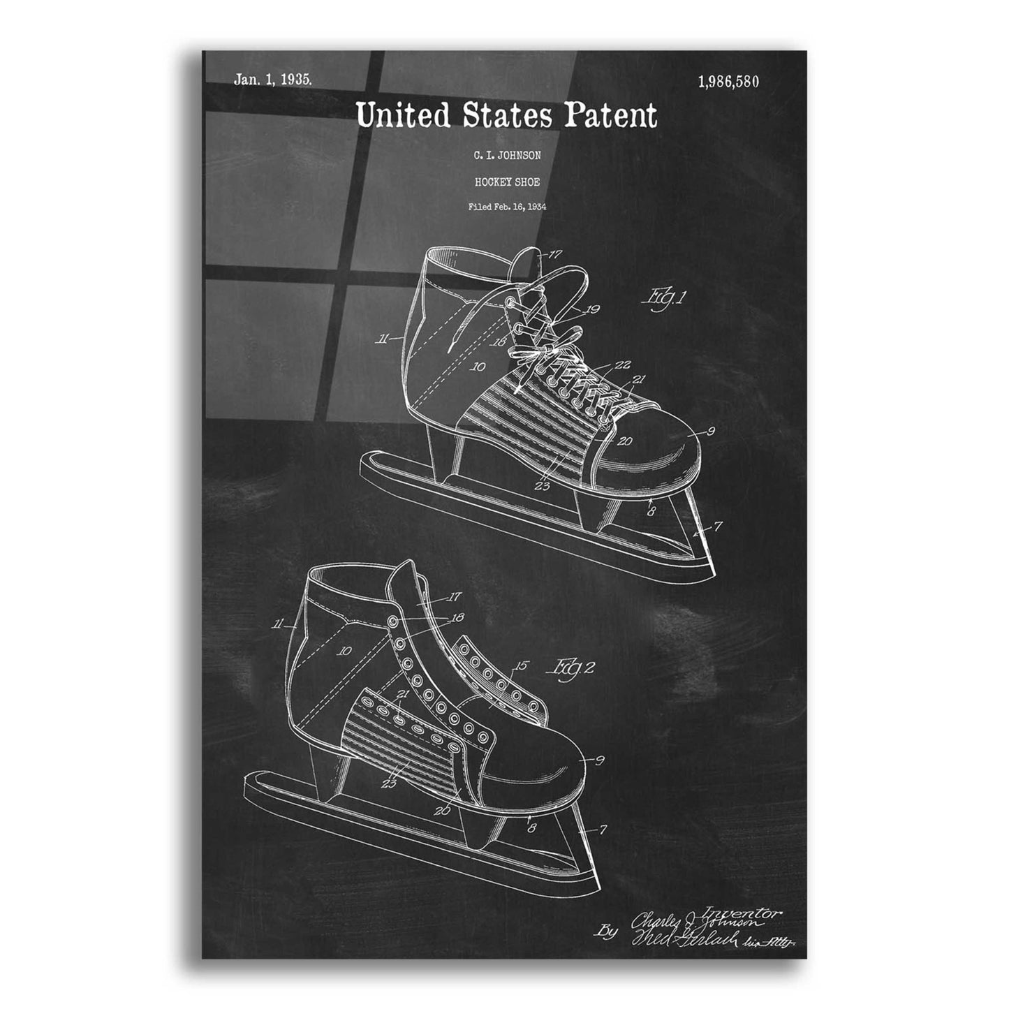 Epic Art 'Hockey Shoe, 1935 Blueprint Patent Chalkboard,' Acrylic Glass Wall Art,12x16x1.1x0,18x26x1.1x0,26x34x1.74x0,40x54x1.74x0