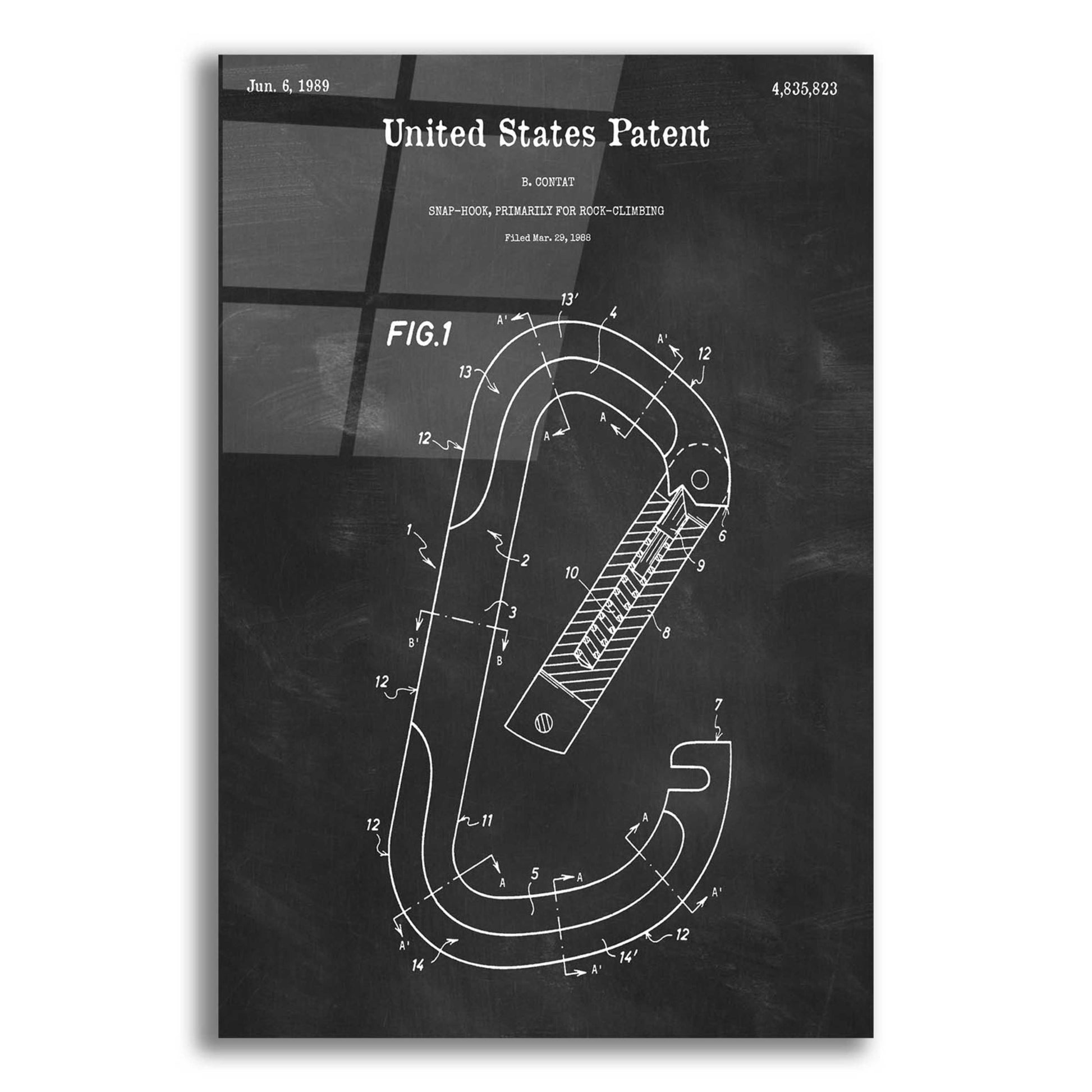 Epic Art 'Climbing Hook Blueprint Patent Chalkboard,' Acrylic Glass Wall Art,12x16x1.1x0,18x26x1.1x0,26x34x1.74x0,40x54x1.74x0